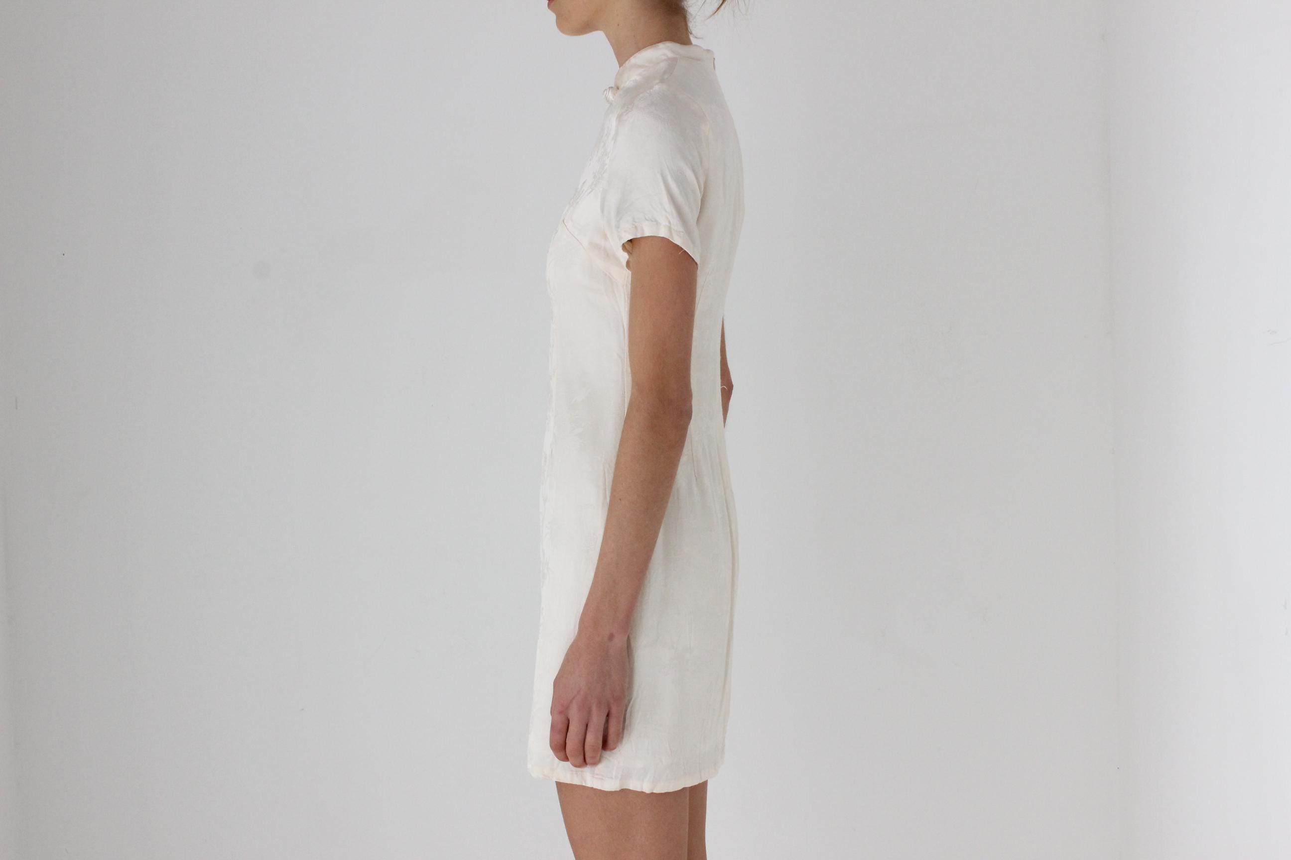 80s Mandarin Collar Embossed Satin Mini
