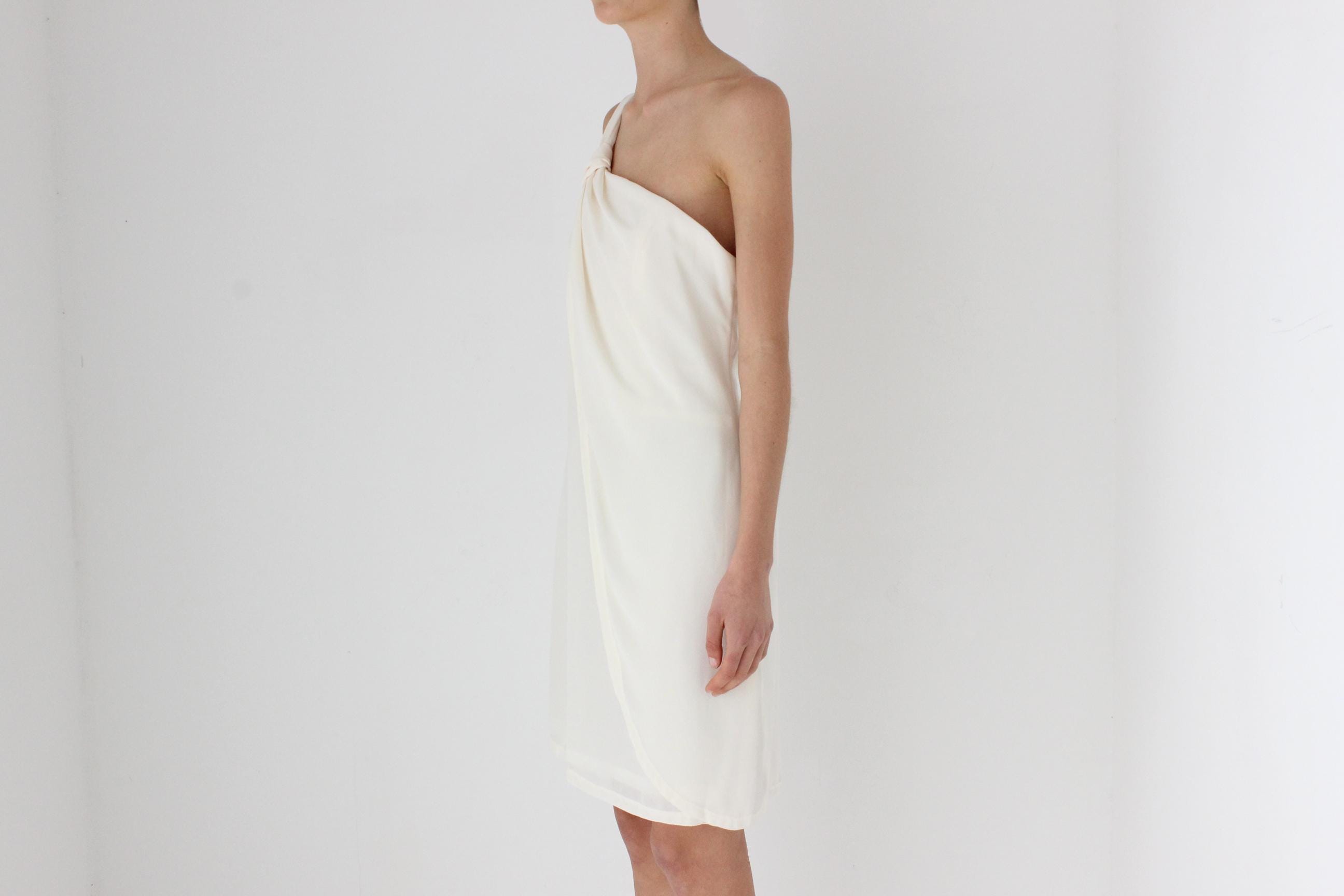 80s Cream Crepe Asymmetric One Shoulder Vintage Cocktail Dress w/ Draped Detail