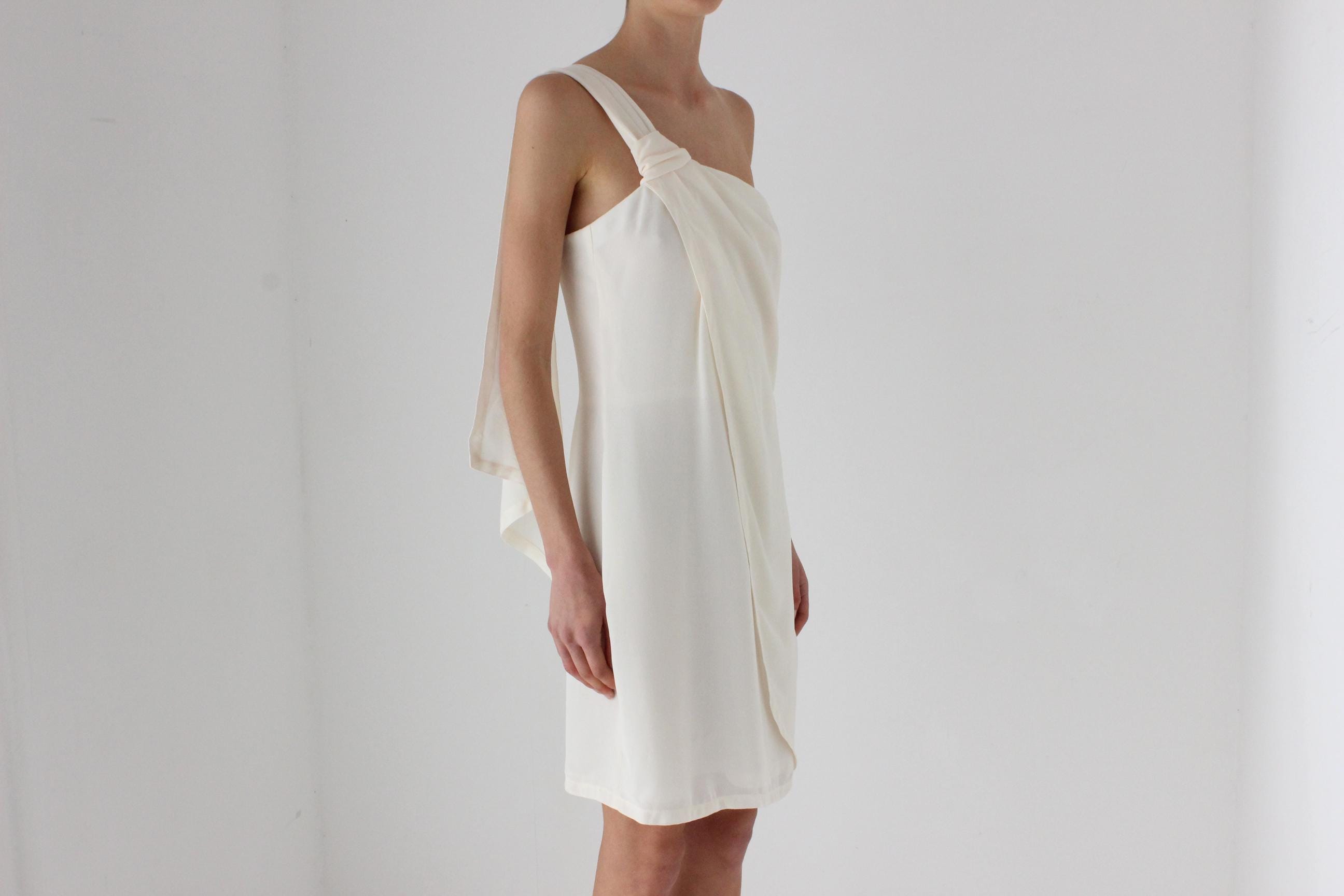 80s Cream Crepe Asymmetric One Shoulder Vintage Cocktail Dress w/ Draped Detail