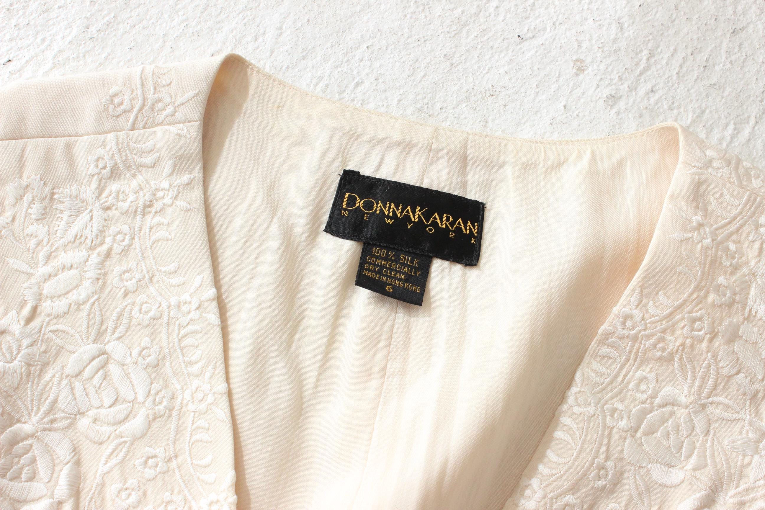 90s Donna Karan Embroidered Silk Two Piece Skirt Suit