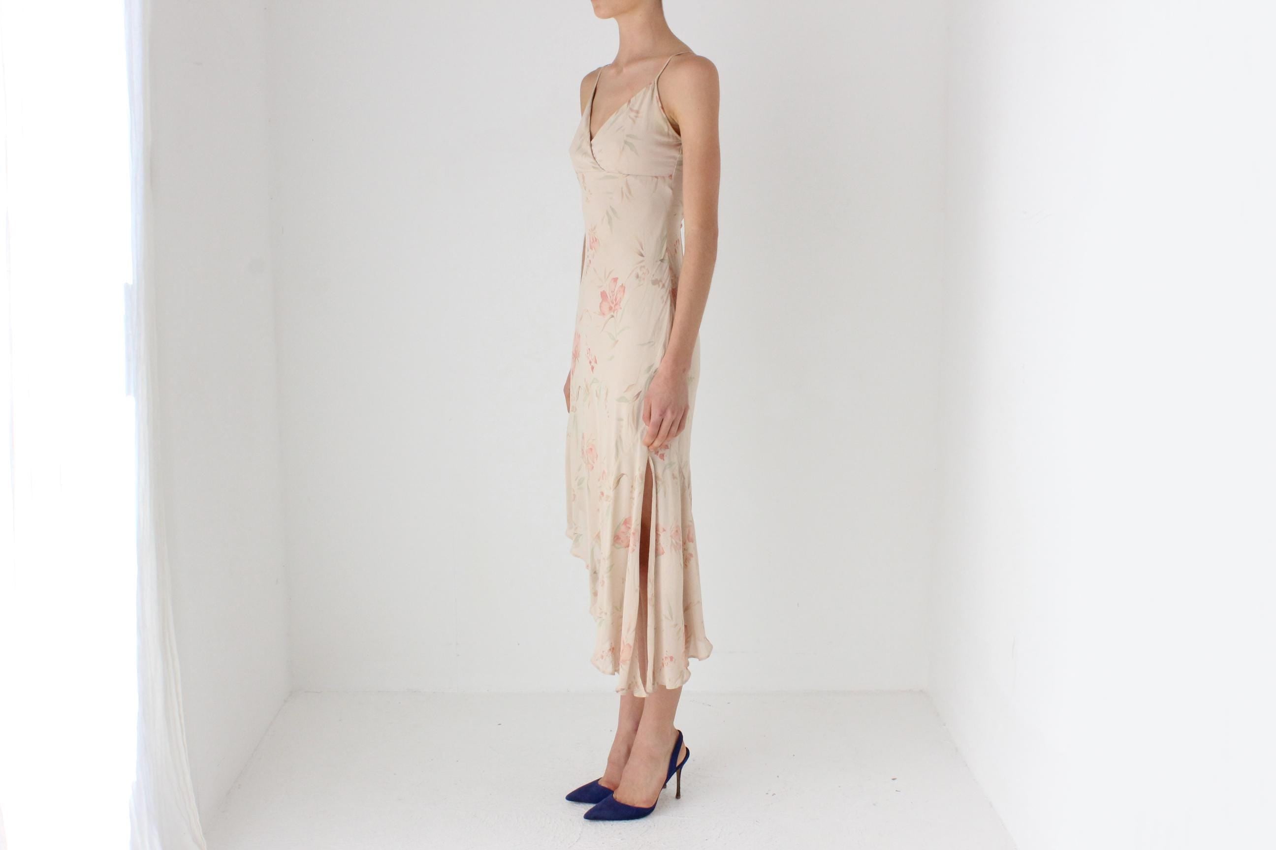 Y2K Floral Crepe Asymmetric Bias Cut Slip