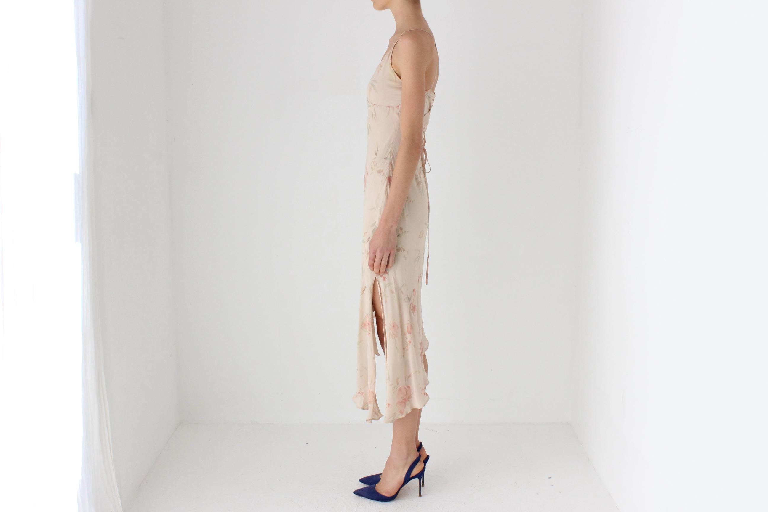 Y2K Floral Crepe Asymmetric Bias Cut Slip