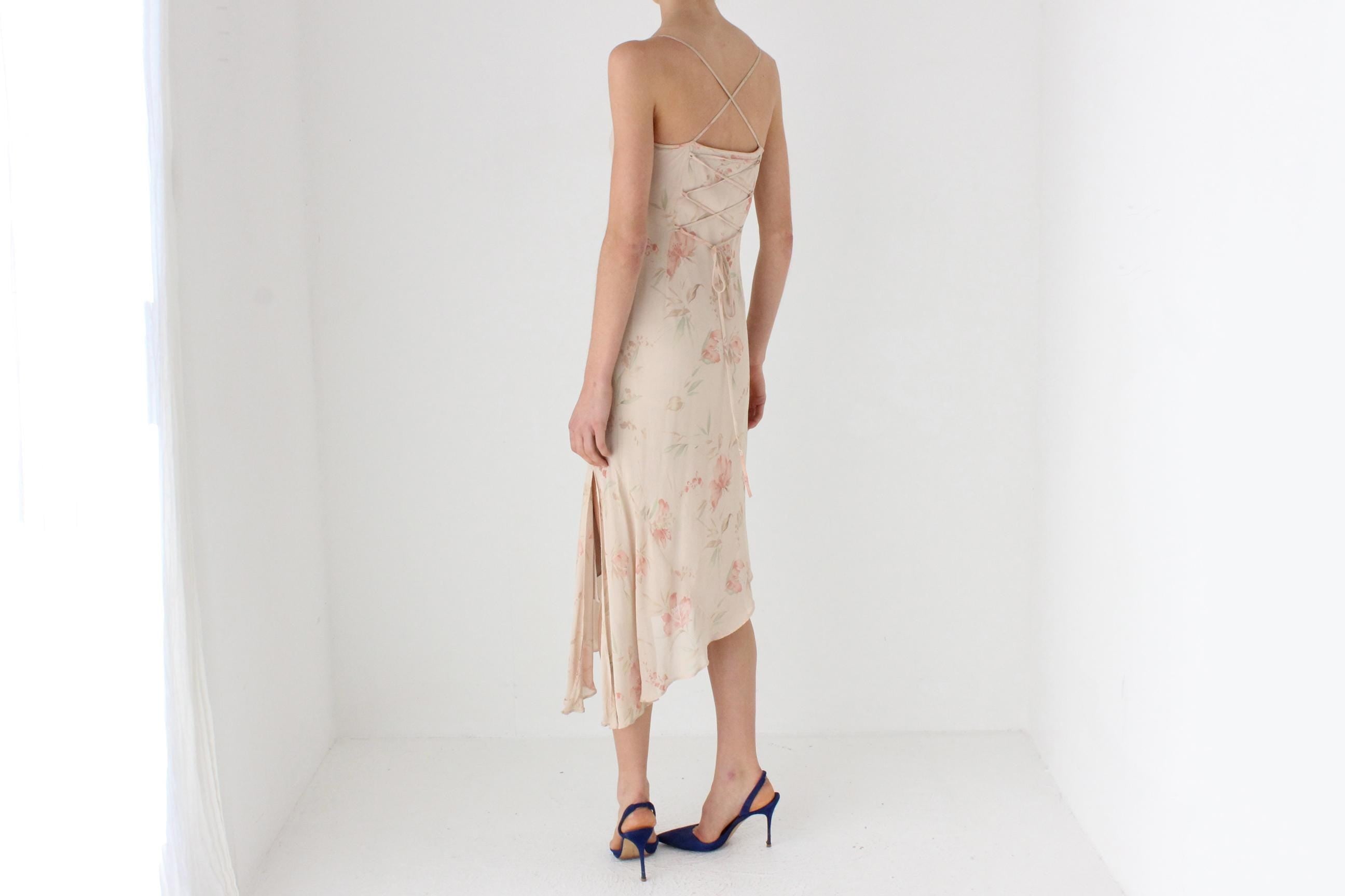 Y2K Floral Crepe Asymmetric Bias Cut Slip