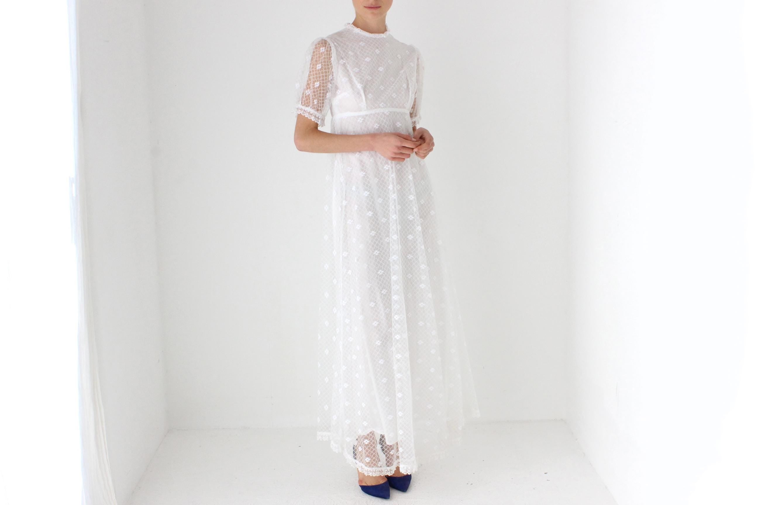 70s Edwardian Revival Floral Lace Wedding Gown