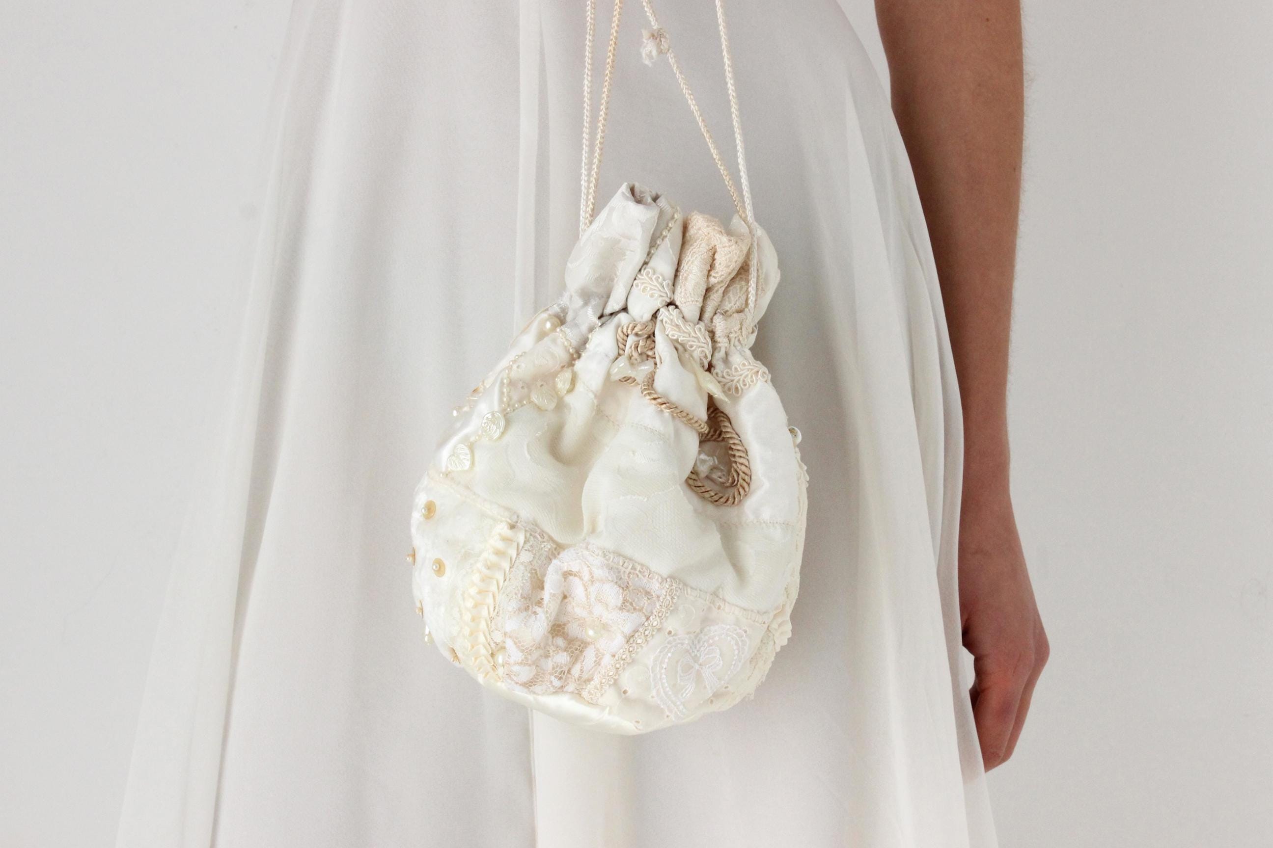 90s Lace & Button Patchwork Drawstring Bag