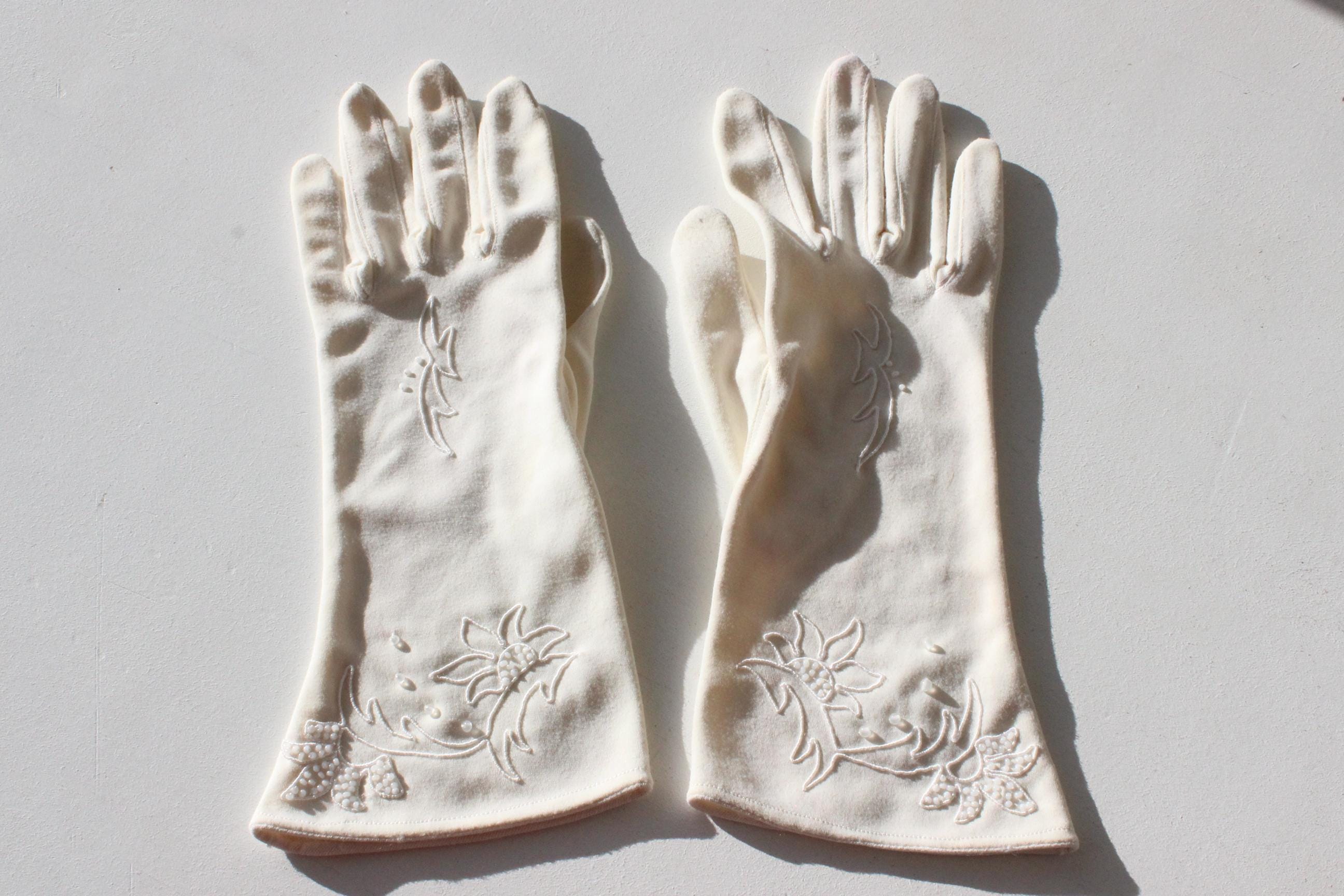 80s Glass Bead Stretch Nylon Bridal Gloves