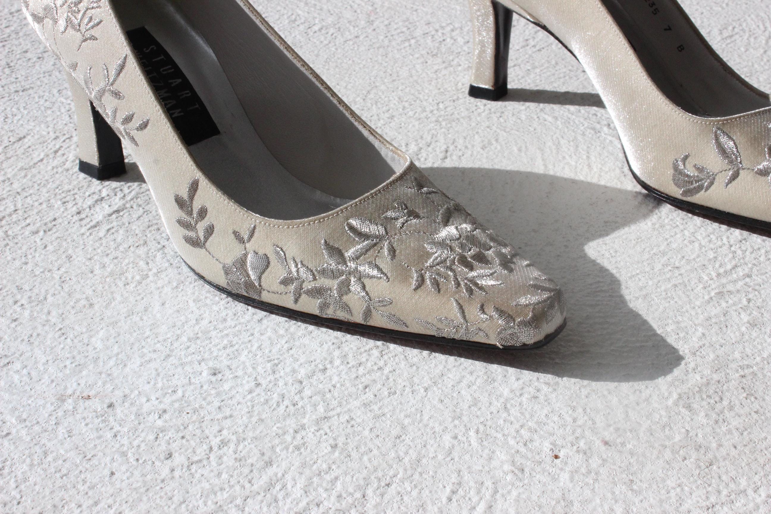 90s Stuart Weitzman Embroidered Oyster Heels - Euro 37