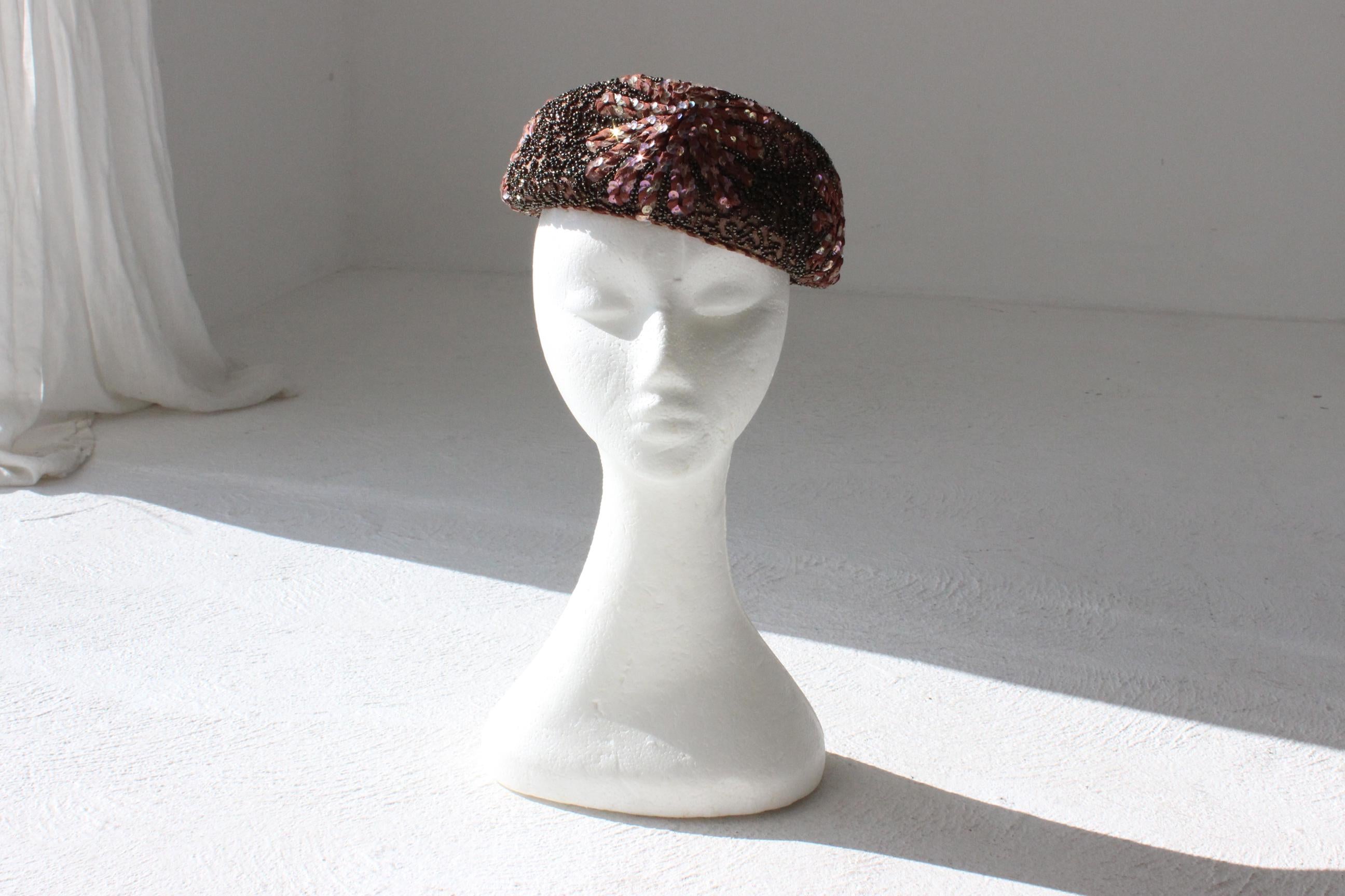 60s Joseph Magnin Hand Beaded & Sequin Plum Pillbox Hat