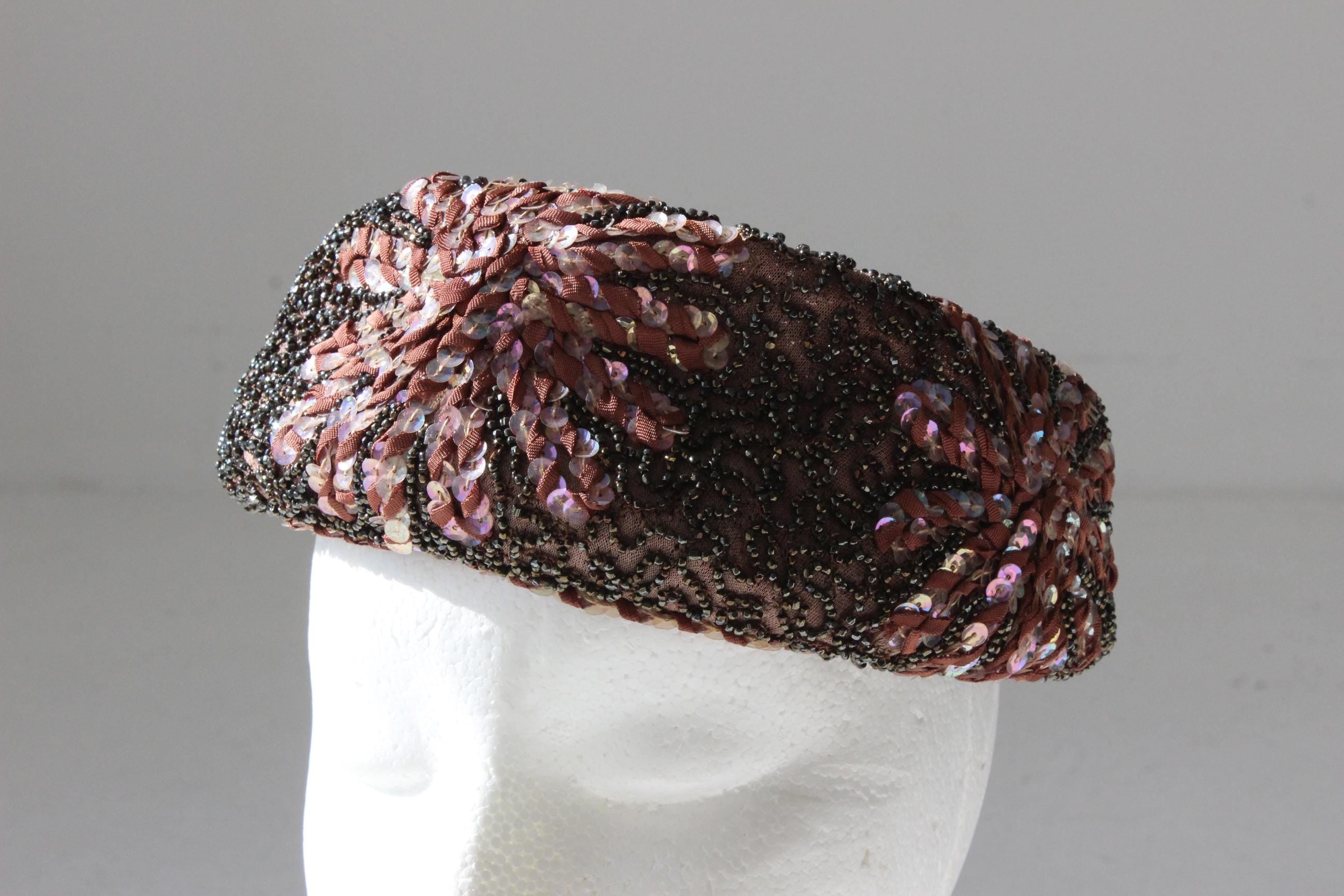 60s Joseph Magnin Hand Beaded & Sequin Plum Pillbox Hat