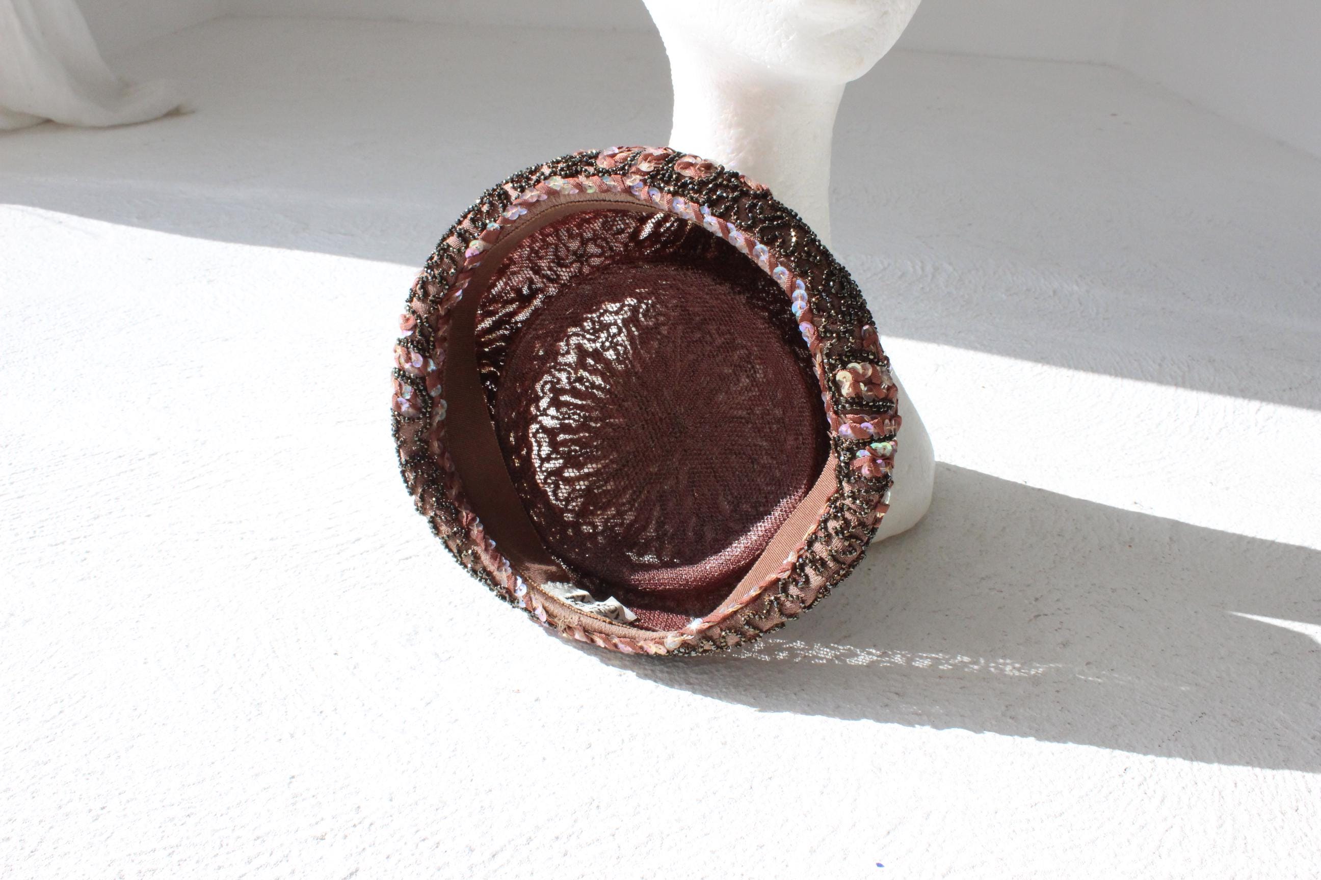60s Joseph Magnin Hand Beaded & Sequin Plum Pillbox Hat
