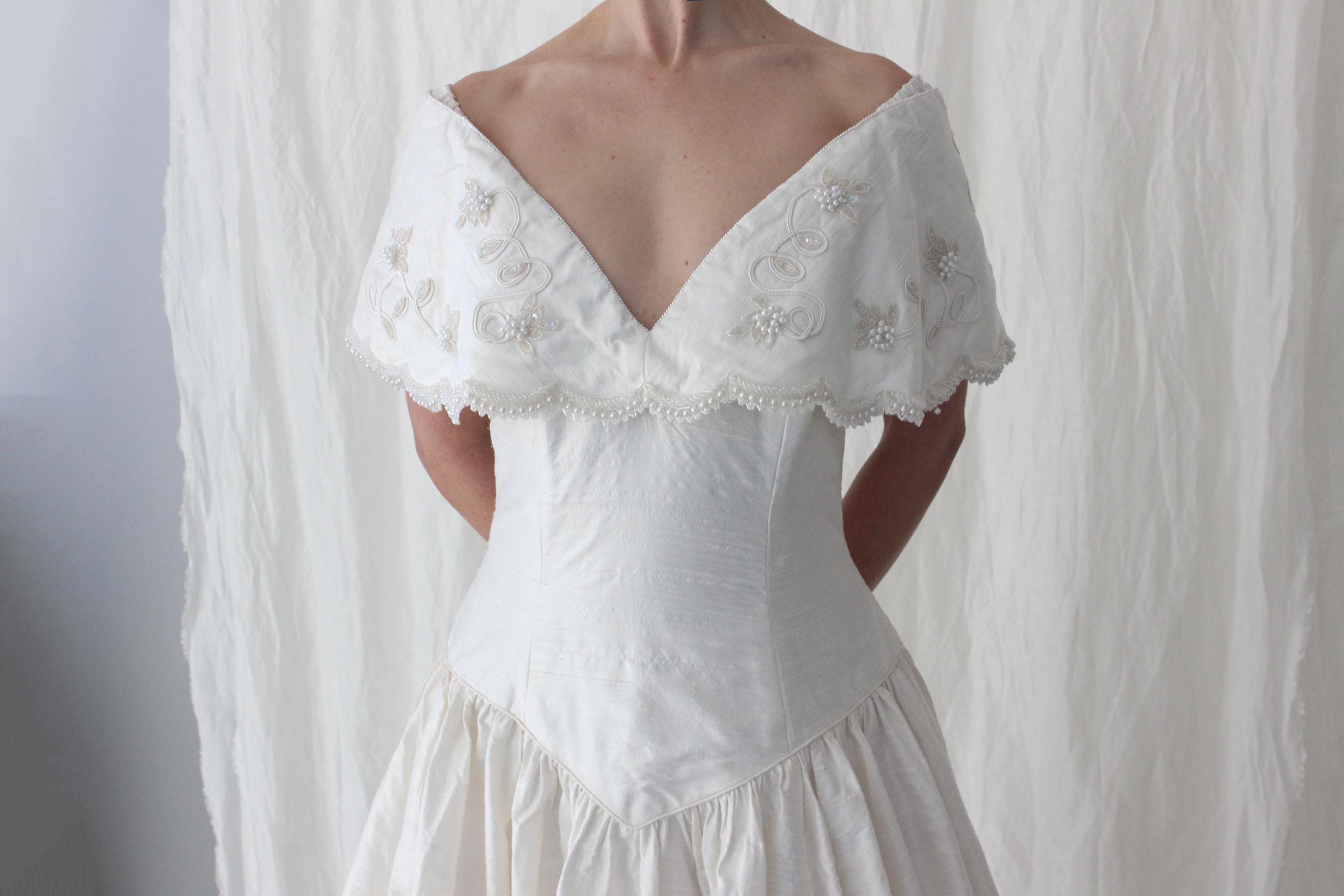 80s Silk Dupion Off Shoulder Gown w/ Pearl Scalloped Trim