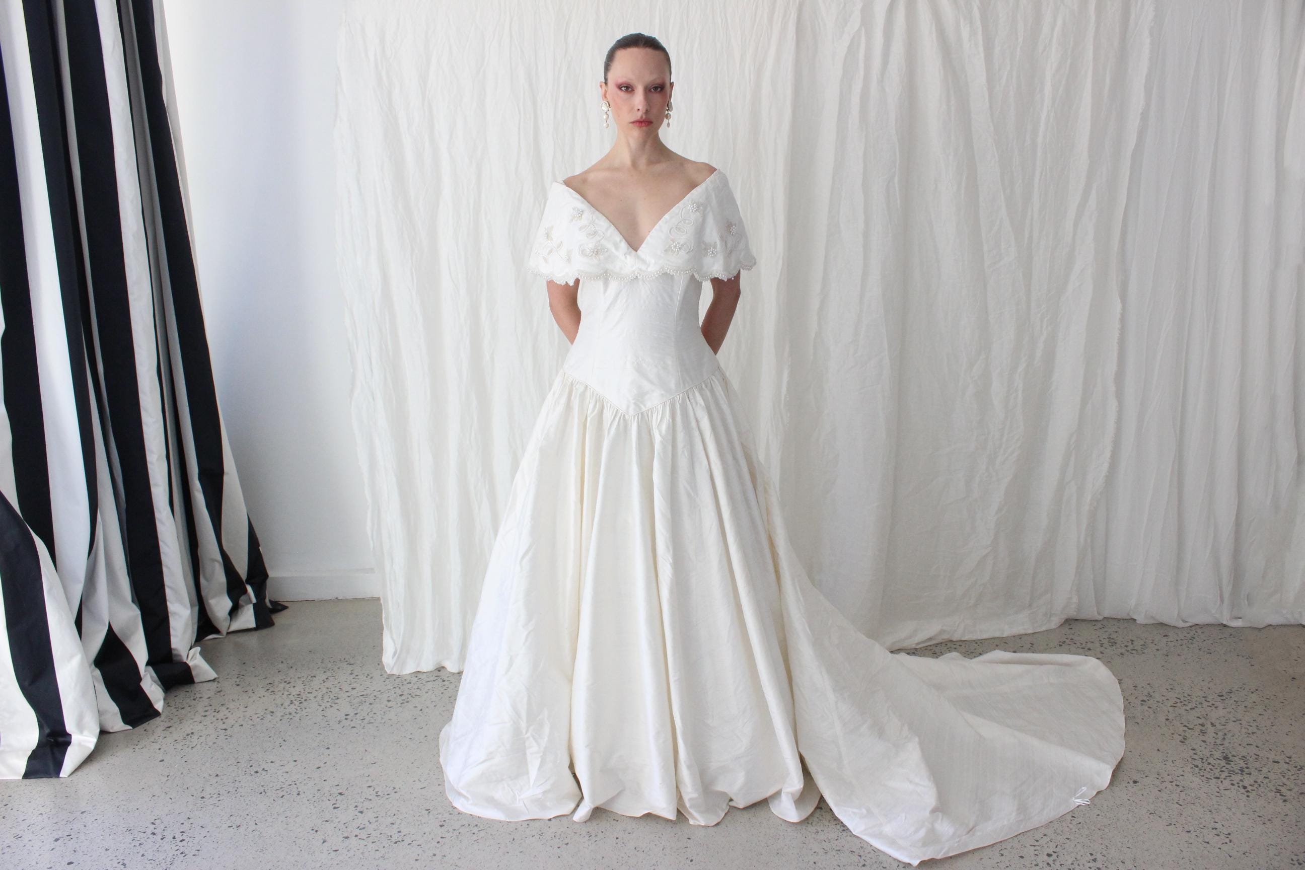 80s Silk Dupion Off Shoulder Gown w/ Pearl Scalloped Trim