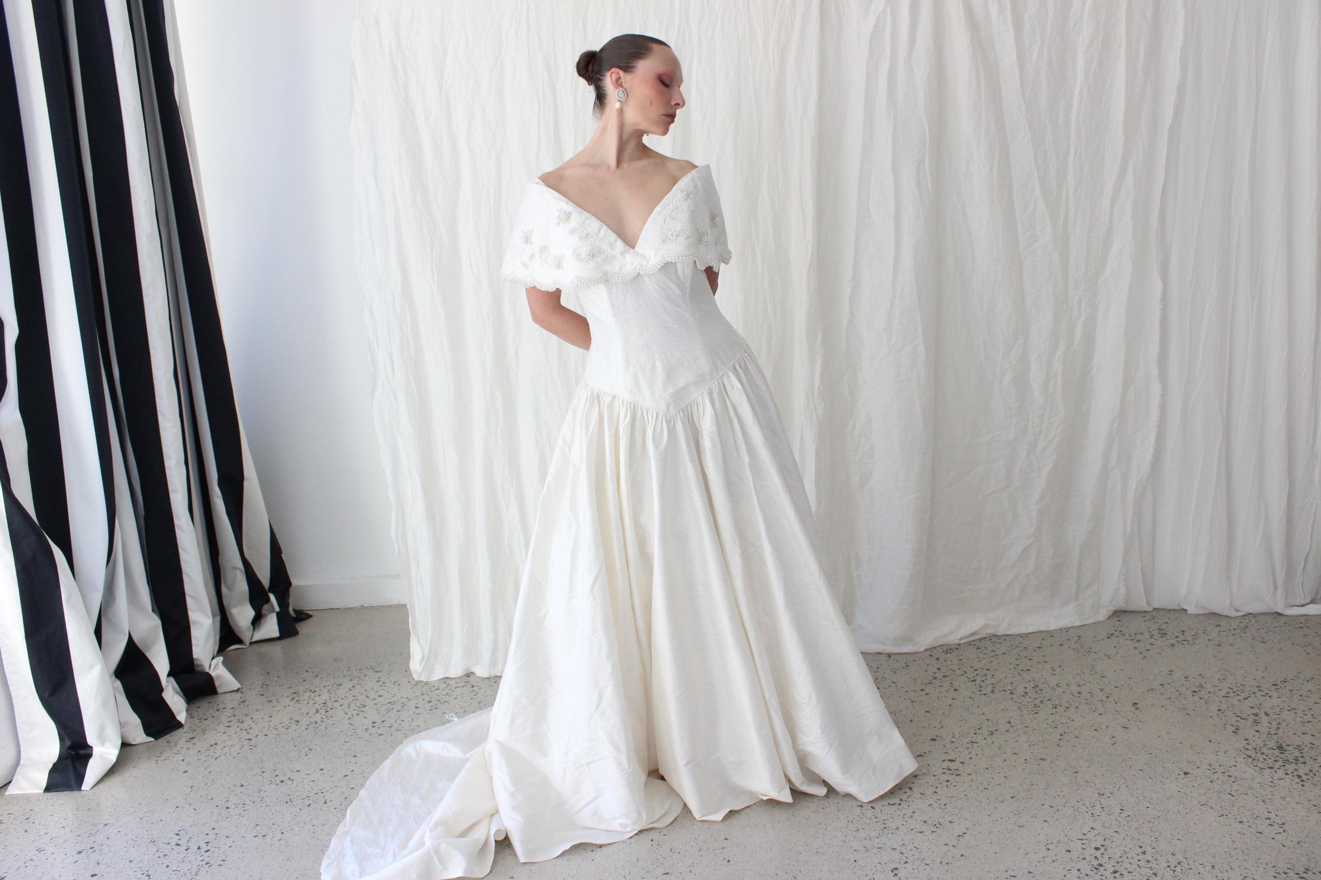 80s Silk Dupion Off Shoulder Gown w/ Pearl Scalloped Trim