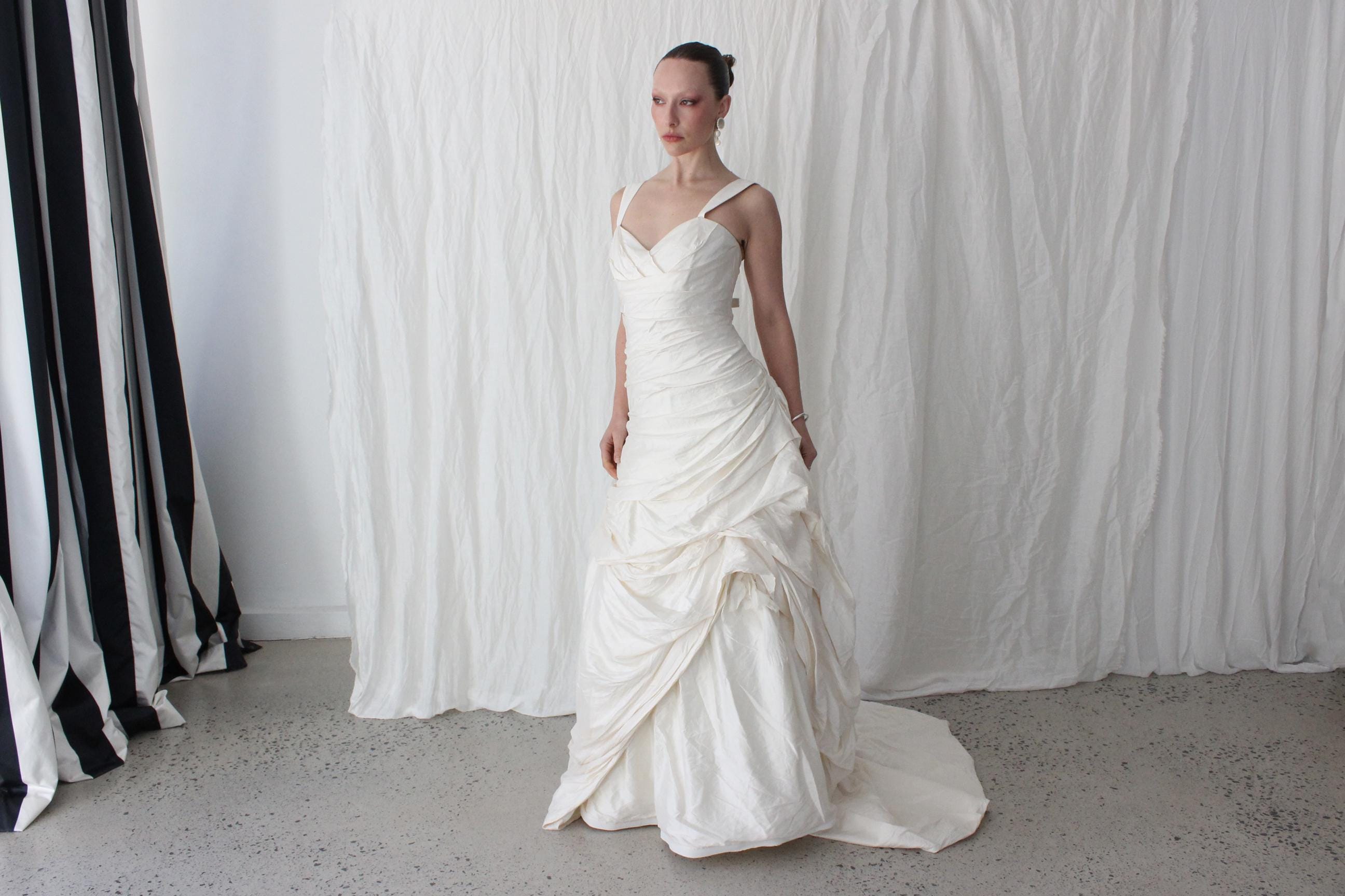 2000s Lightweight Silk Gathered & Textural Asymmetric Gown
