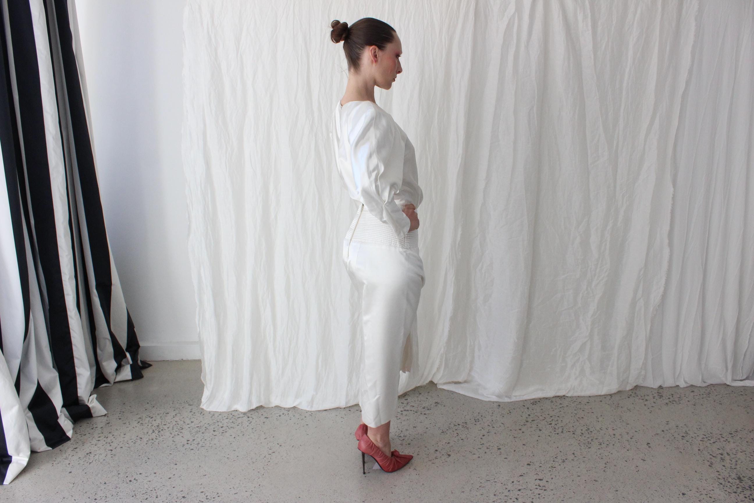 Fabulous 80s Iridescent Long Sleeve Dress w/ Quilted Cummerbund & Pleated Fan Detail