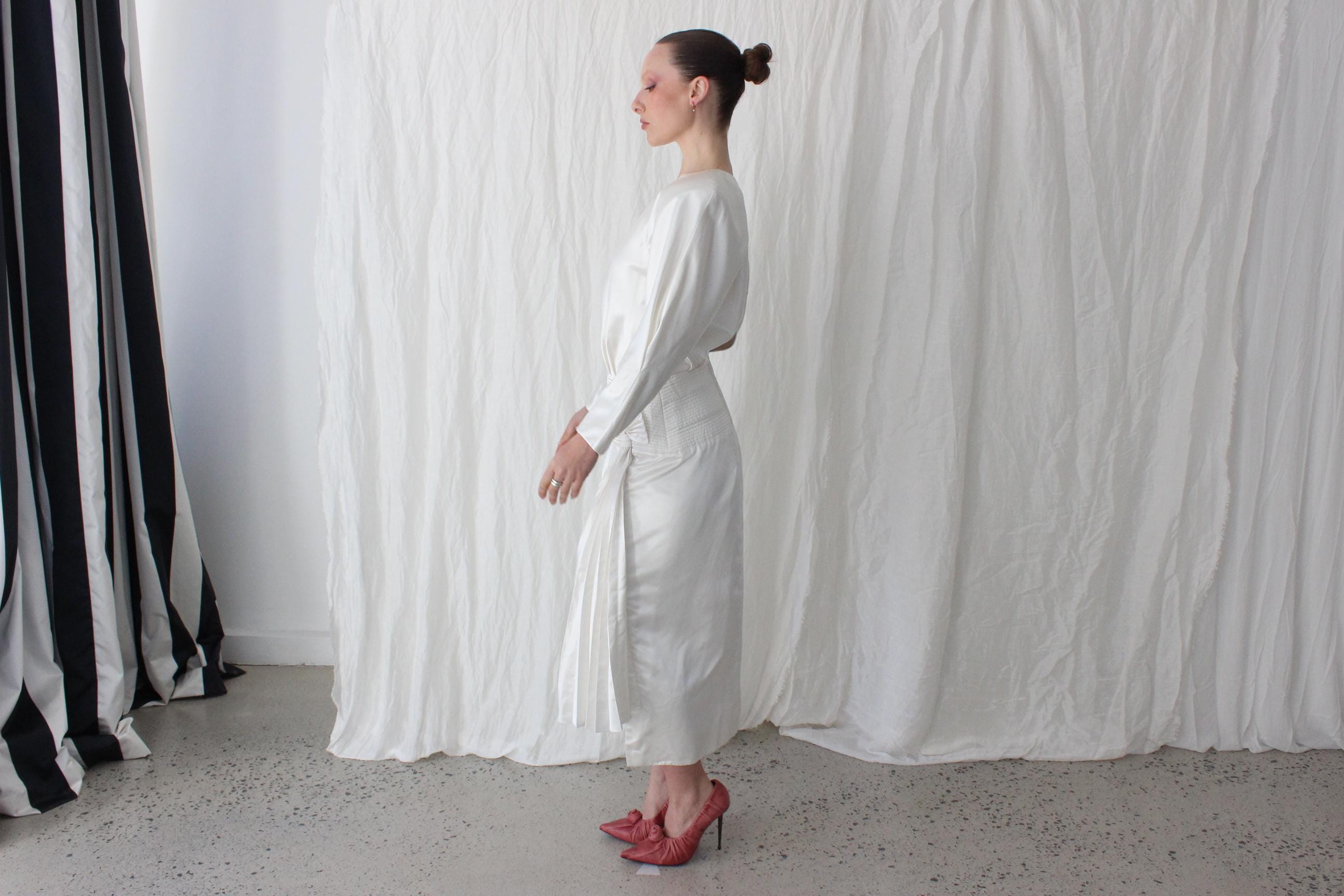 Fabulous 80s Iridescent Long Sleeve Dress w/ Quilted Cummerbund & Pleated Fan Detail