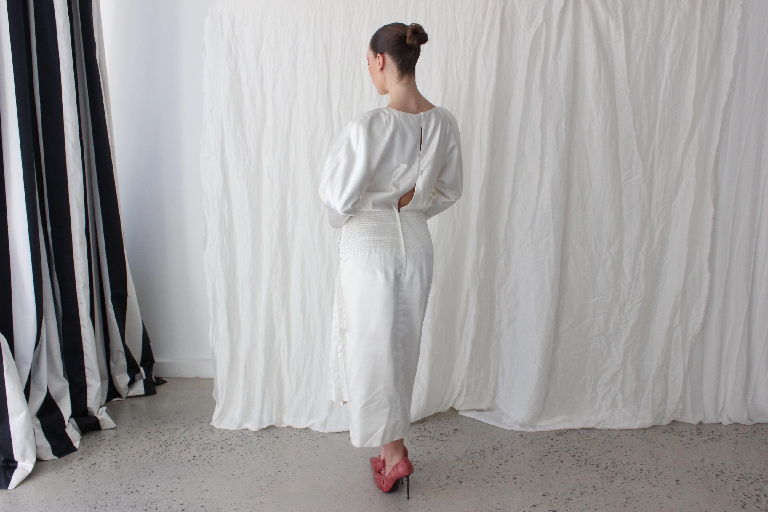 Fabulous 80s Iridescent Long Sleeve Dress w/ Quilted Cummerbund & Pleated Fan Detail