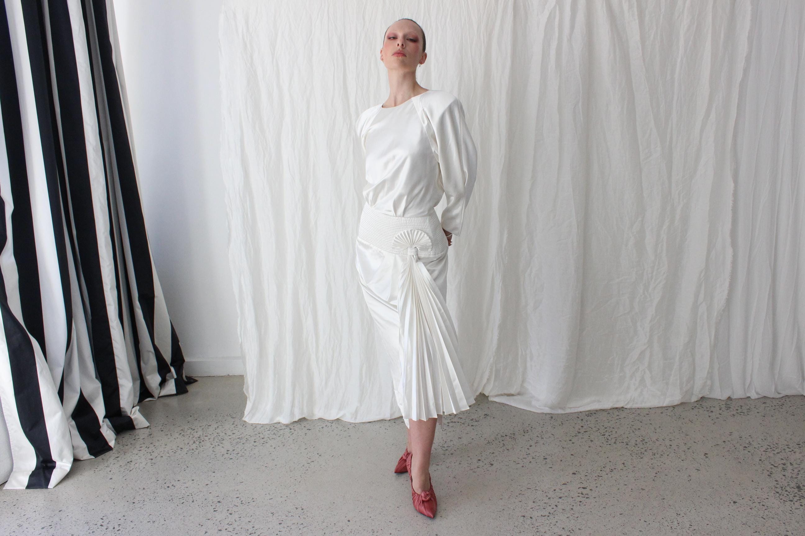 Fabulous 80s Iridescent Long Sleeve Dress w/ Quilted Cummerbund & Pleated Fan Detail