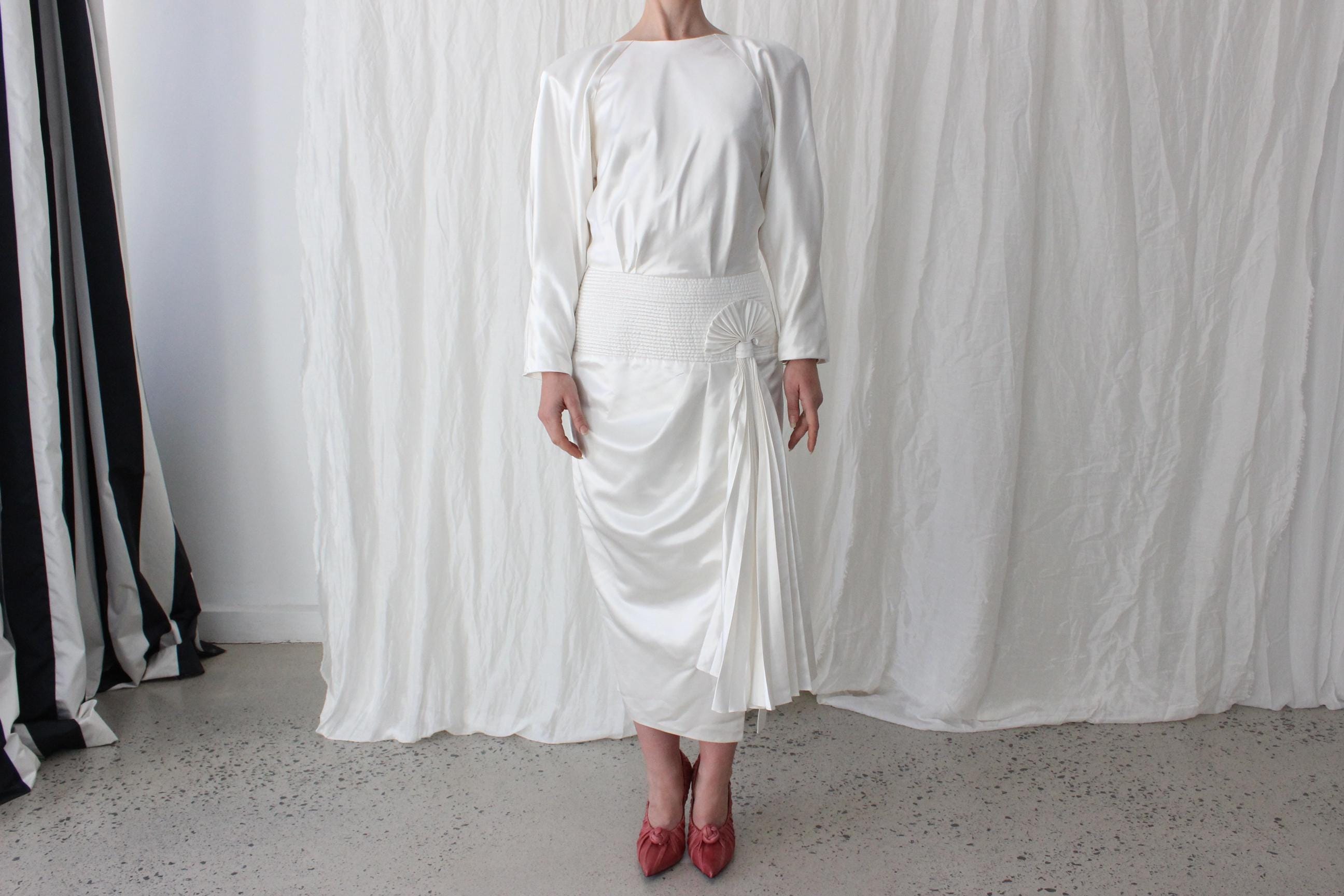 Fabulous 80s Iridescent Long Sleeve Dress w/ Quilted Cummerbund & Pleated Fan Detail