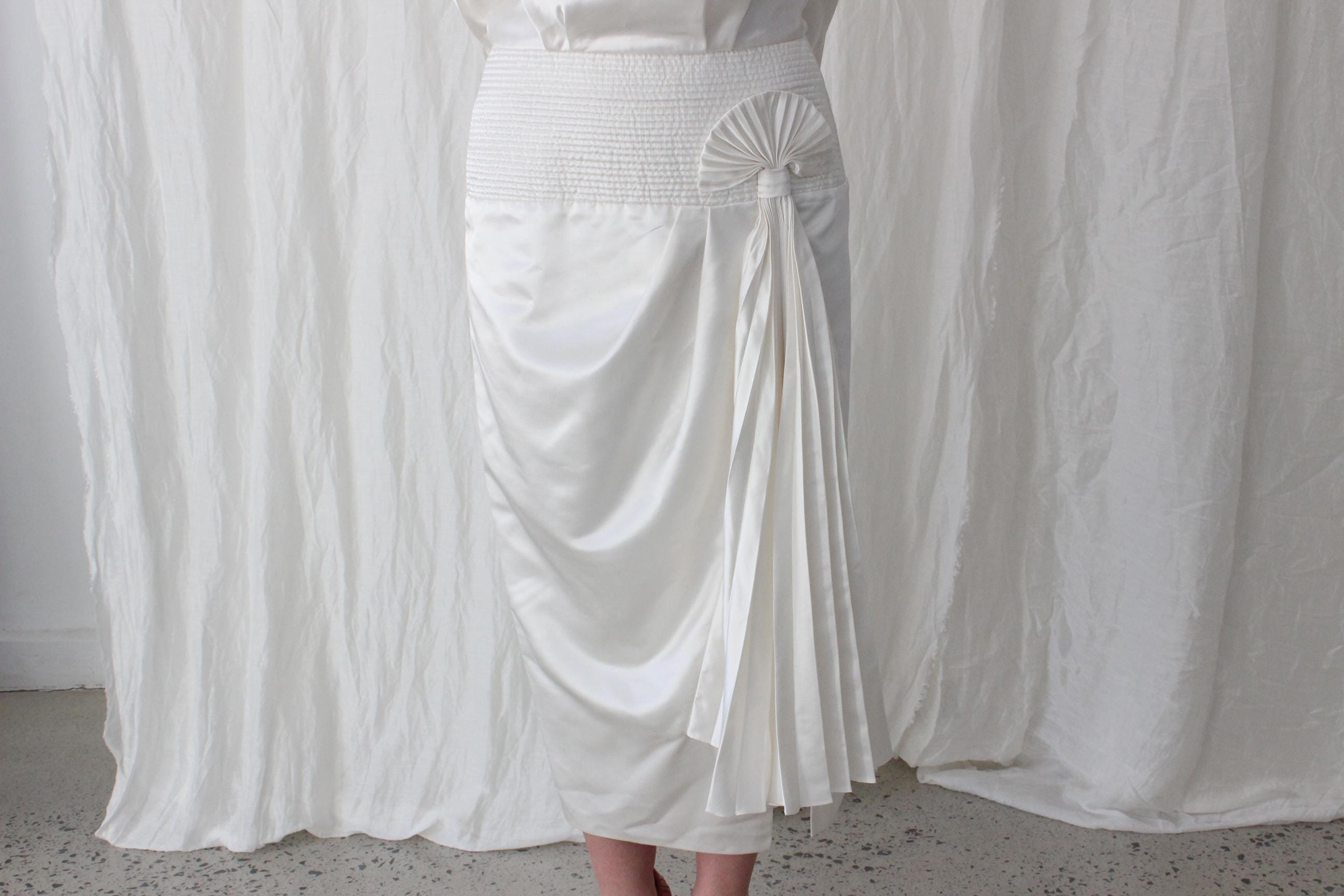 Fabulous 80s Iridescent Long Sleeve Dress w/ Quilted Cummerbund & Pleated Fan Detail