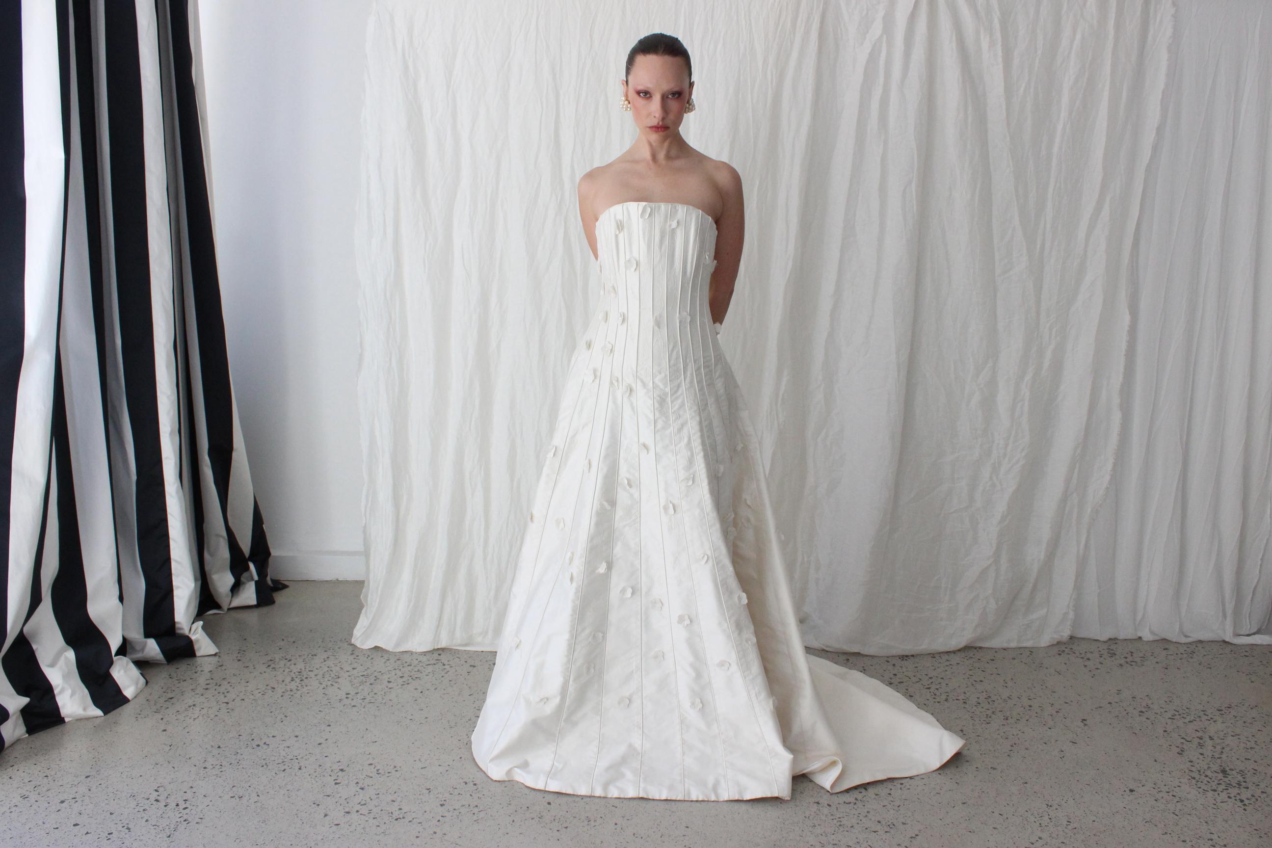 90s Sculptural Strapless Silk Corset A Line Wedding Gown w/ 3D Flowers