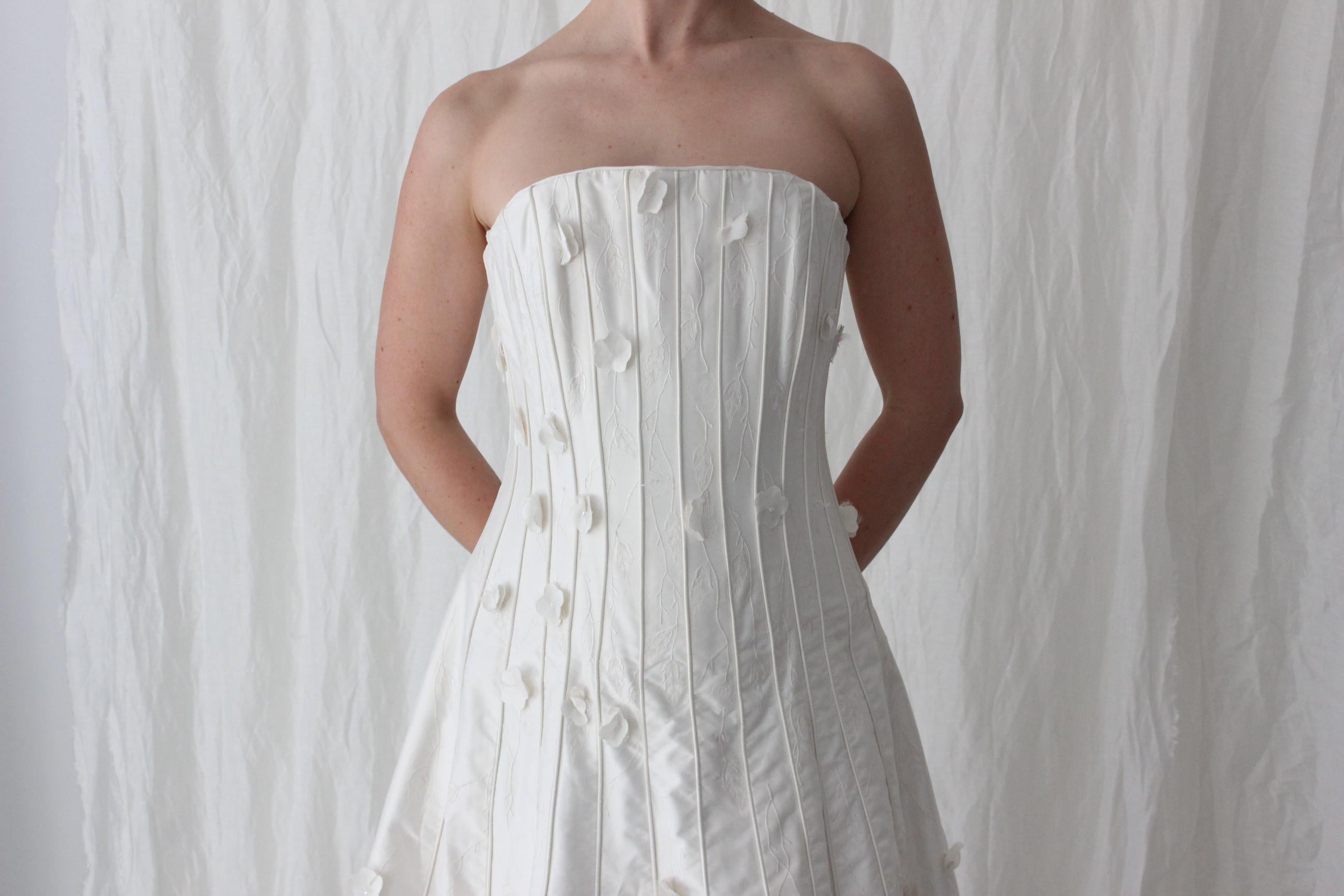 90s Sculptural Strapless Silk Corset A Line Wedding Gown w/ 3D Flowers