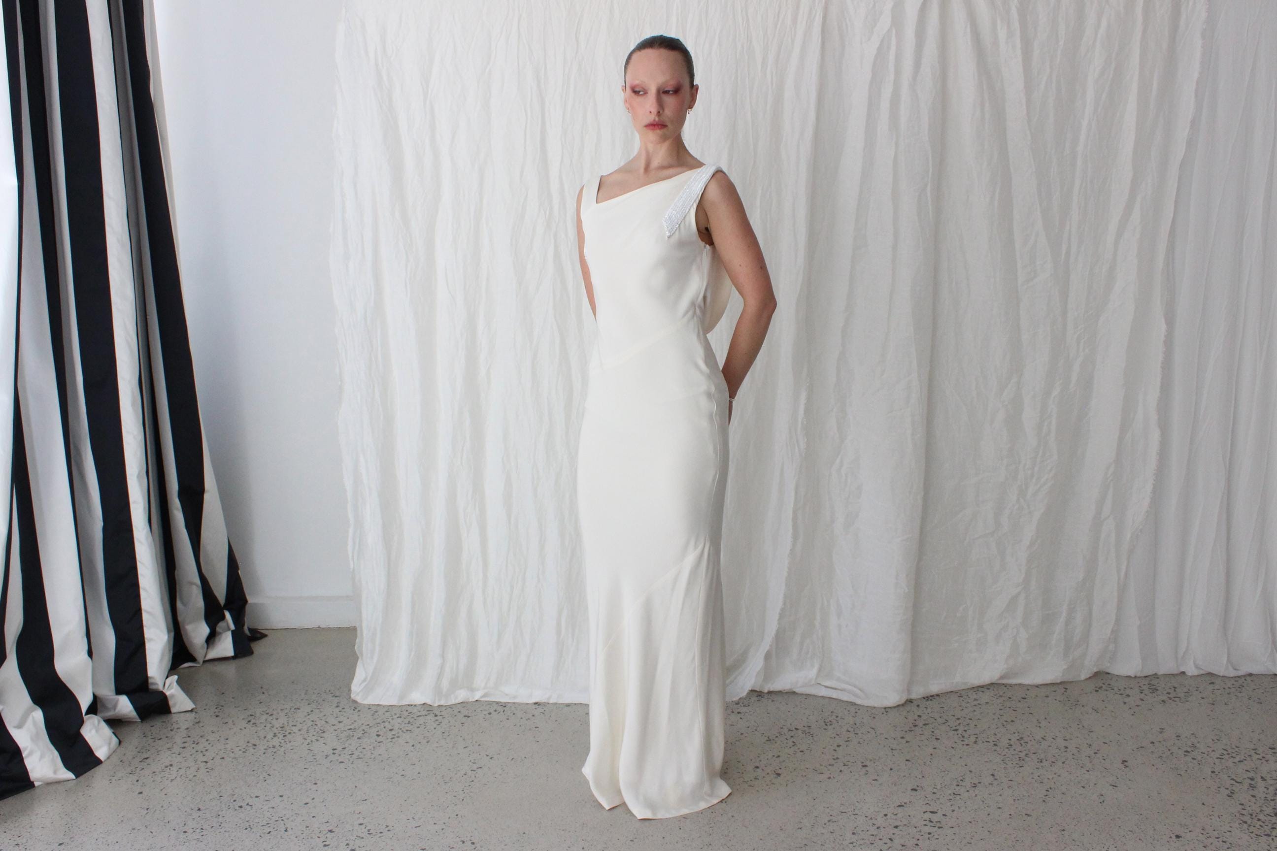 90s Nicole Miller Asymmetric Silk Bias Cut Gown w/ Beaded Detailing & Draped Back