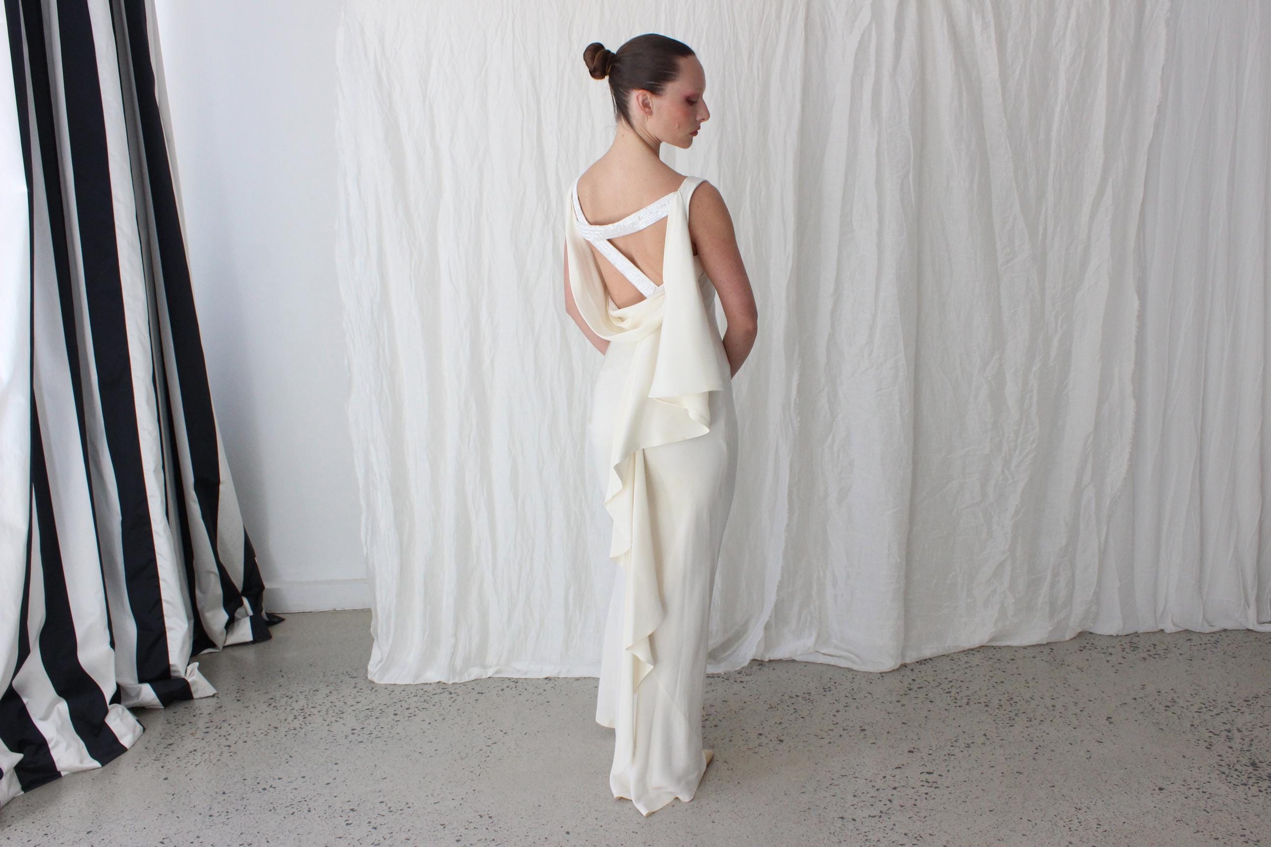 90s Nicole Miller Asymmetric Silk Bias Cut Gown w/ Beaded Detailing & Draped Back
