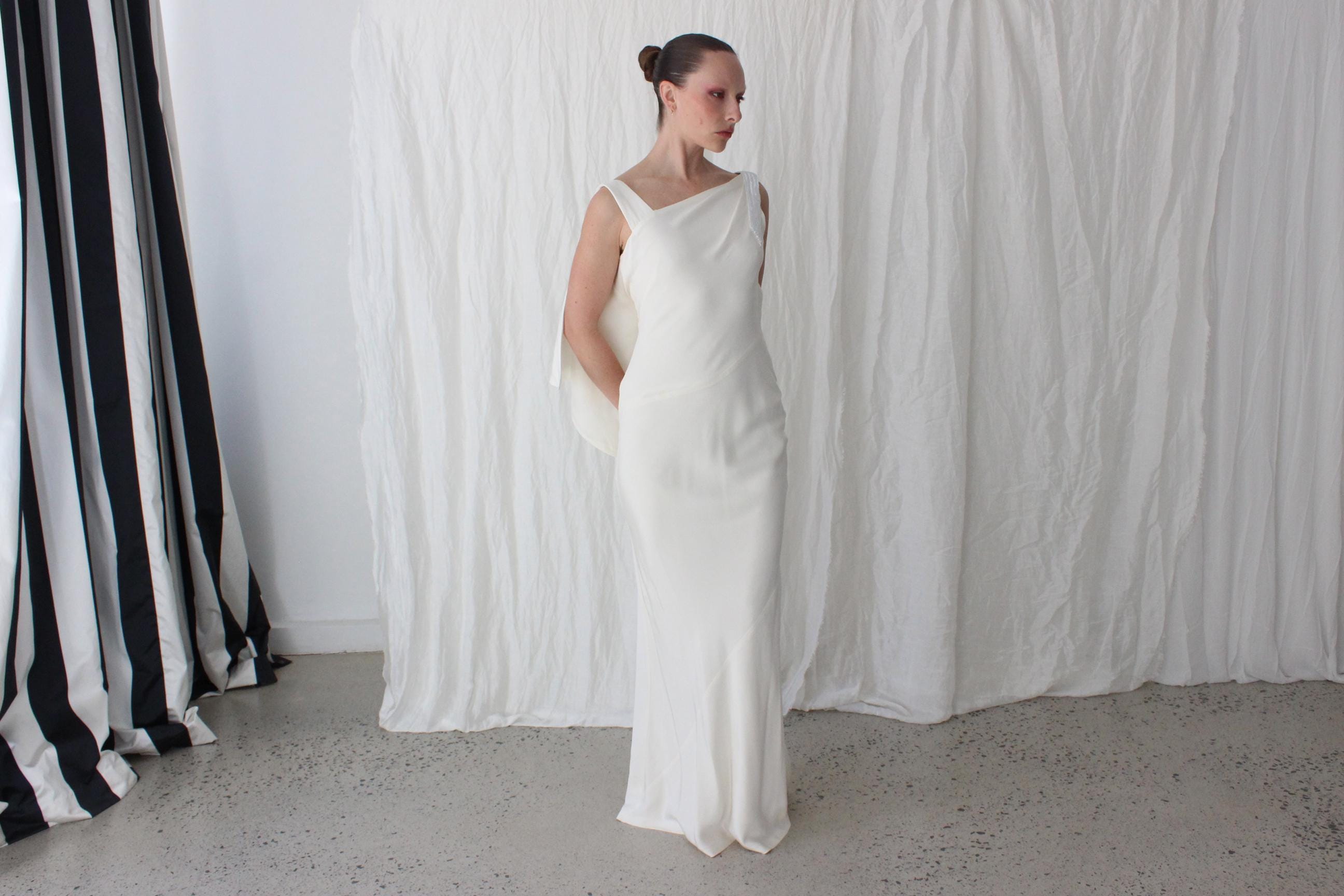 90s Nicole Miller Asymmetric Silk Bias Cut Gown w/ Beaded Detailing & Draped Back