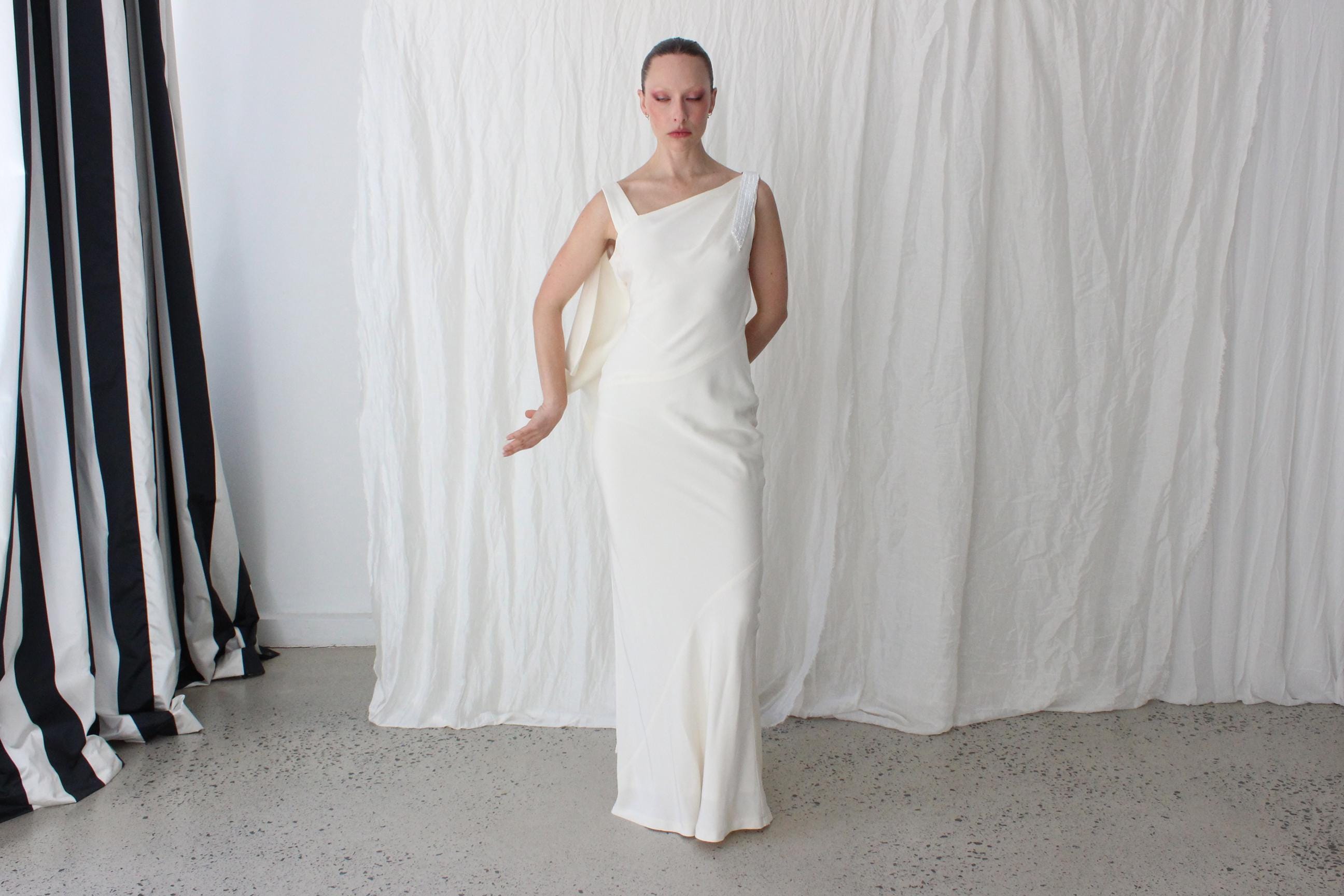 90s Nicole Miller Asymmetric Silk Bias Cut Gown w/ Beaded Detailing & Draped Back