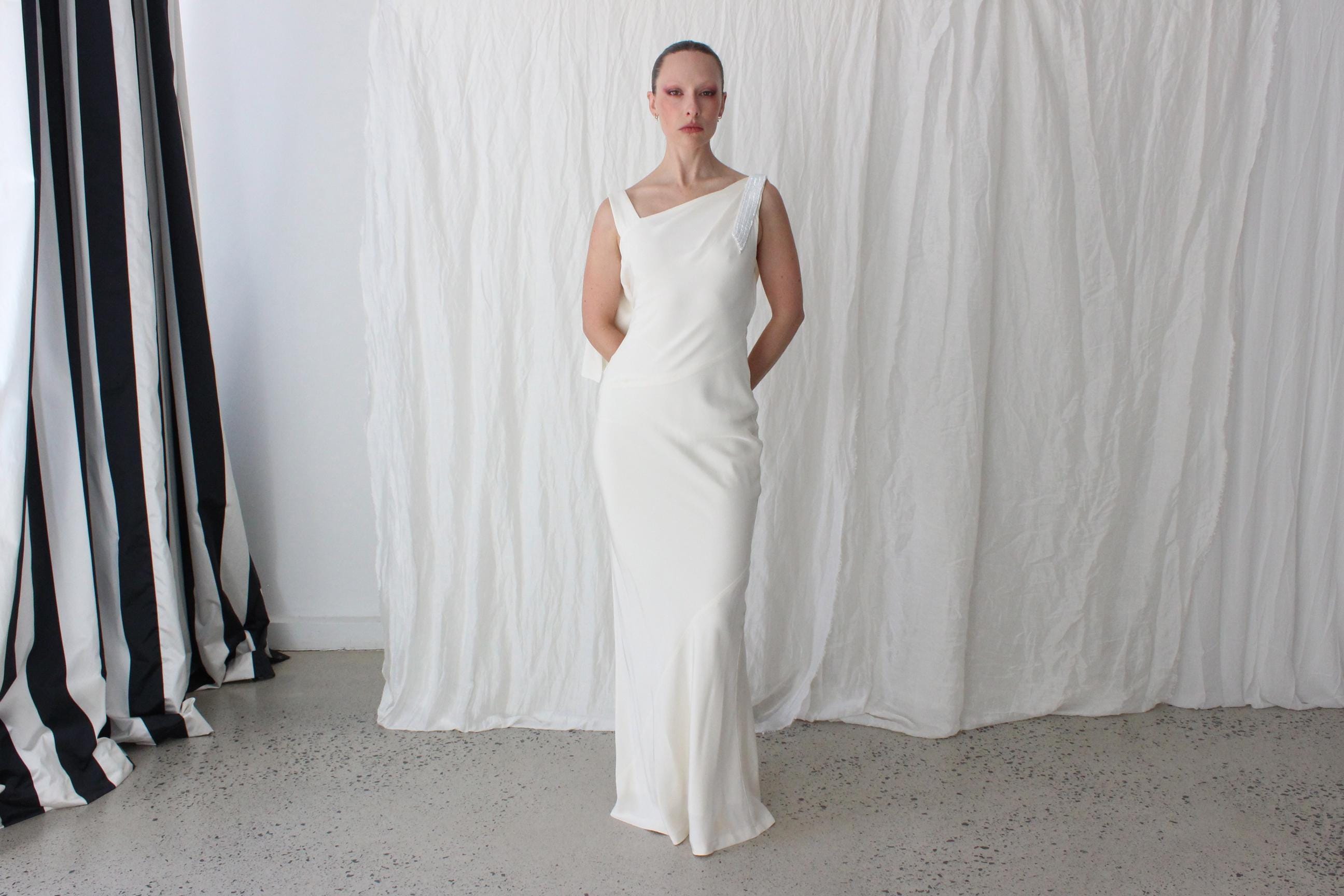 90s Nicole Miller Asymmetric Silk Bias Cut Gown w/ Beaded Detailing & Draped Back