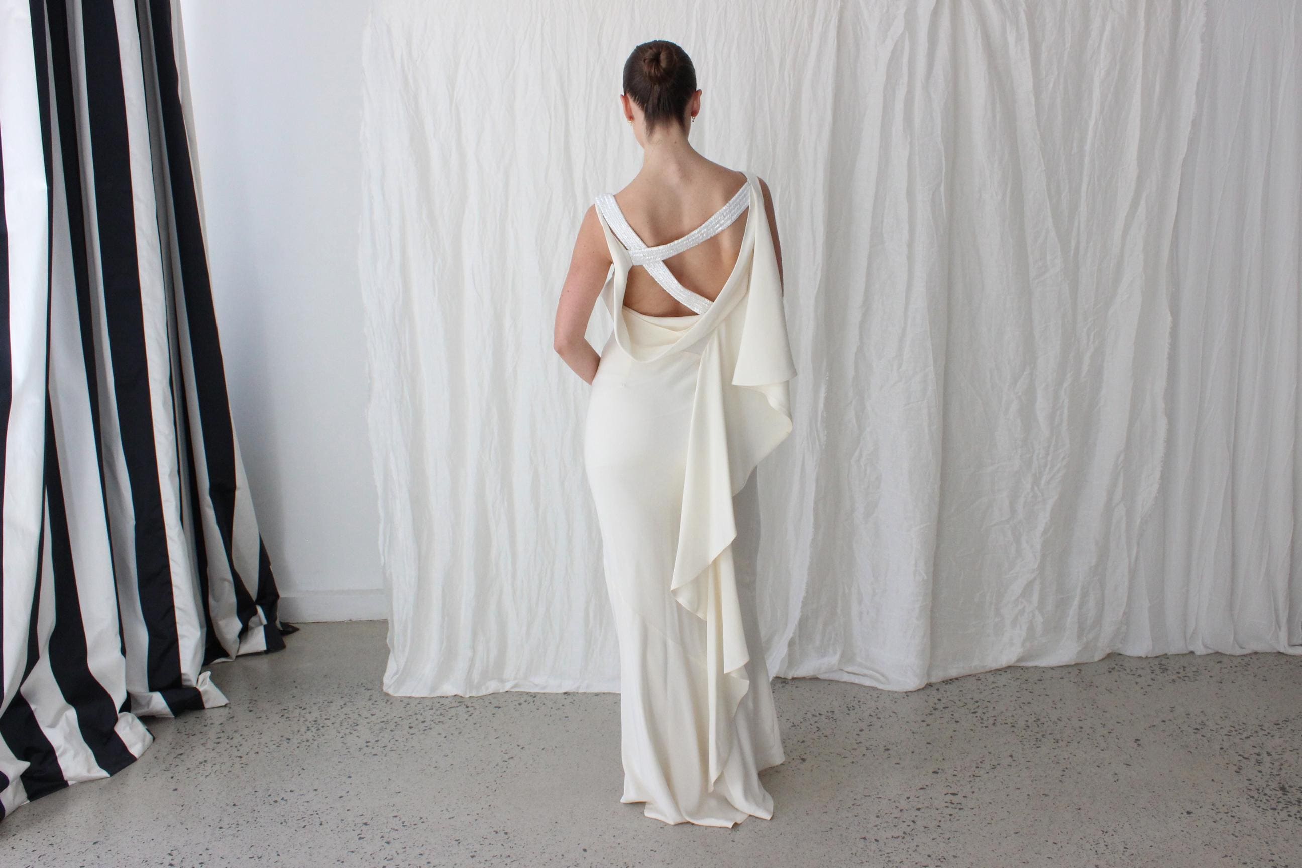 90s Nicole Miller Asymmetric Silk Bias Cut Gown w/ Beaded Detailing & Draped Back