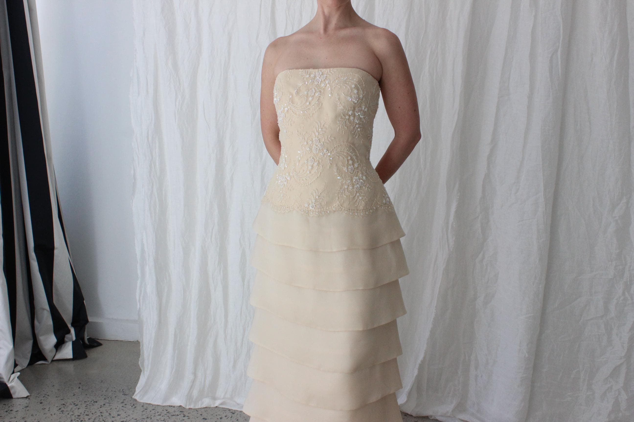90s Lace & Silk Organza Strapless Tiered Gown