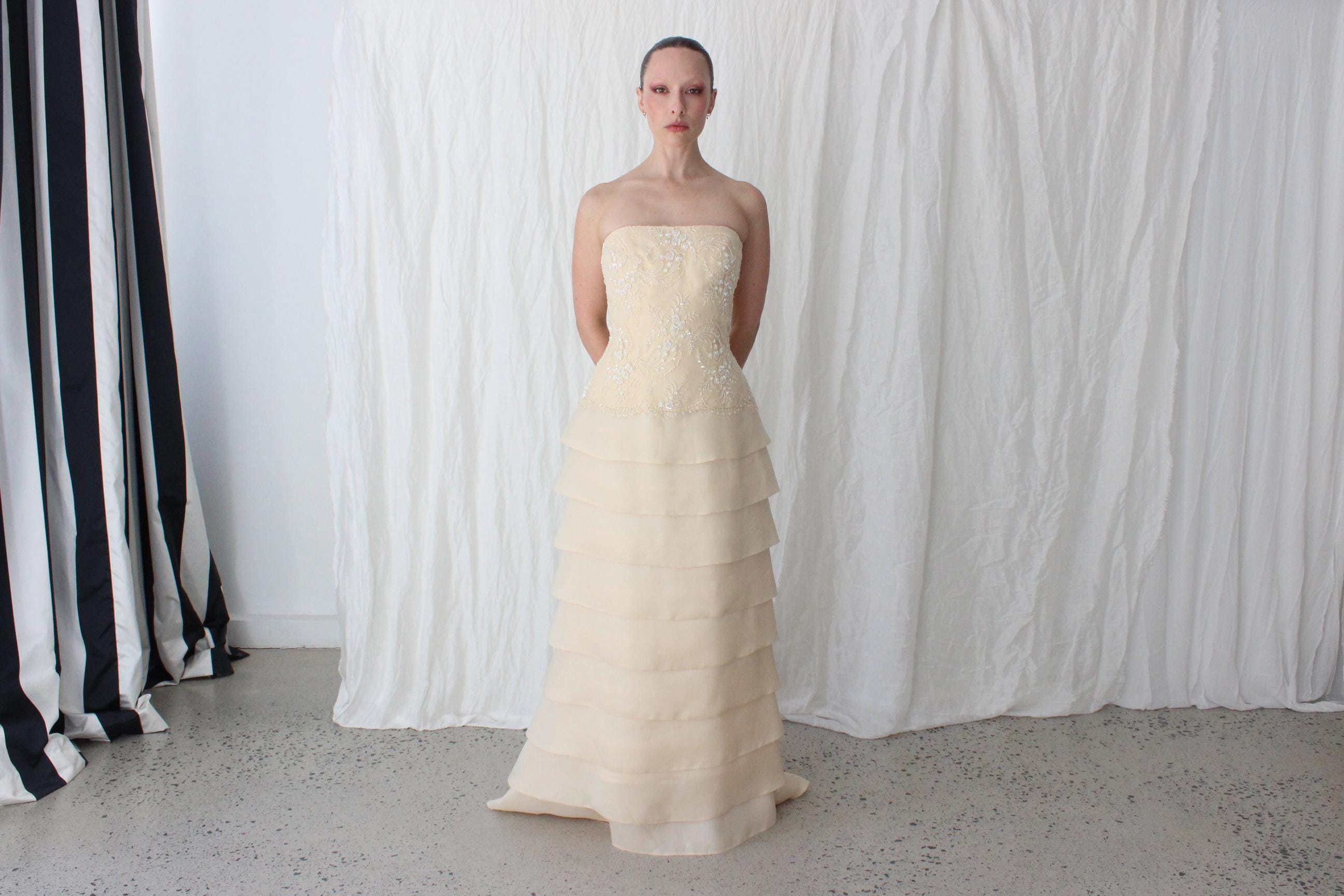 90s Lace & Silk Organza Strapless Tiered Gown