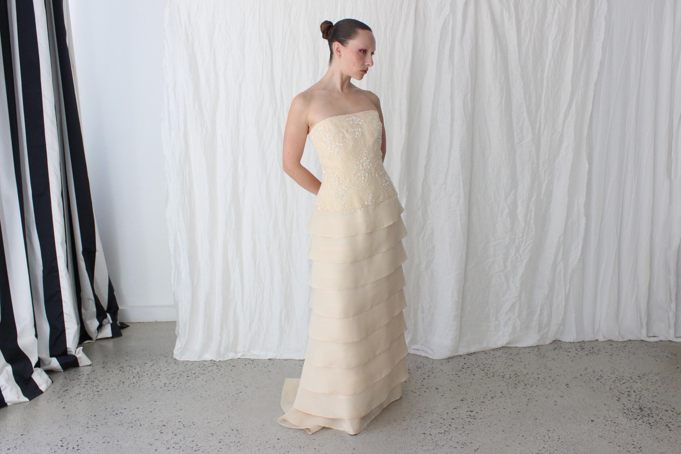 90s Lace & Silk Organza Strapless Tiered Gown