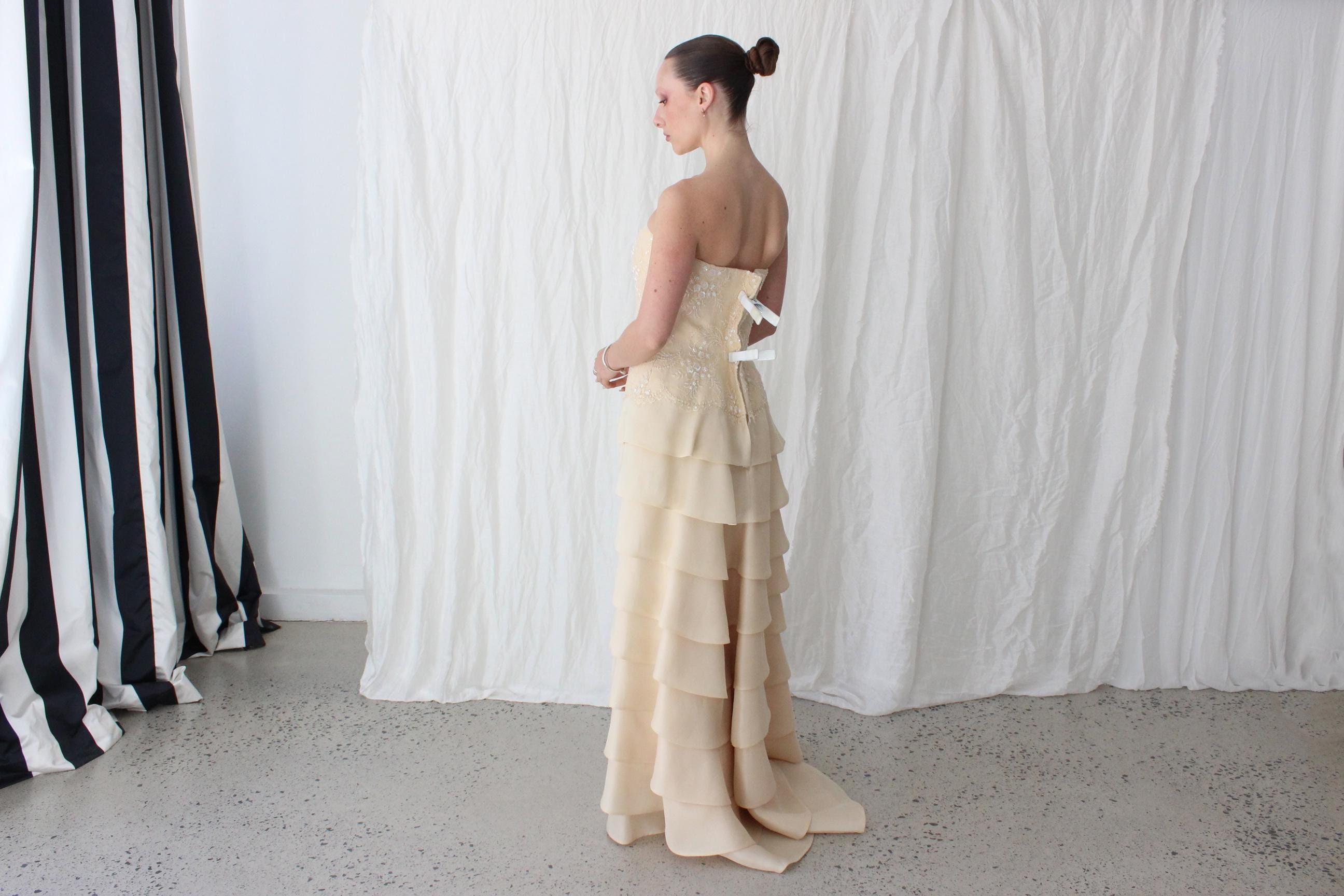 90s Lace & Silk Organza Strapless Tiered Gown
