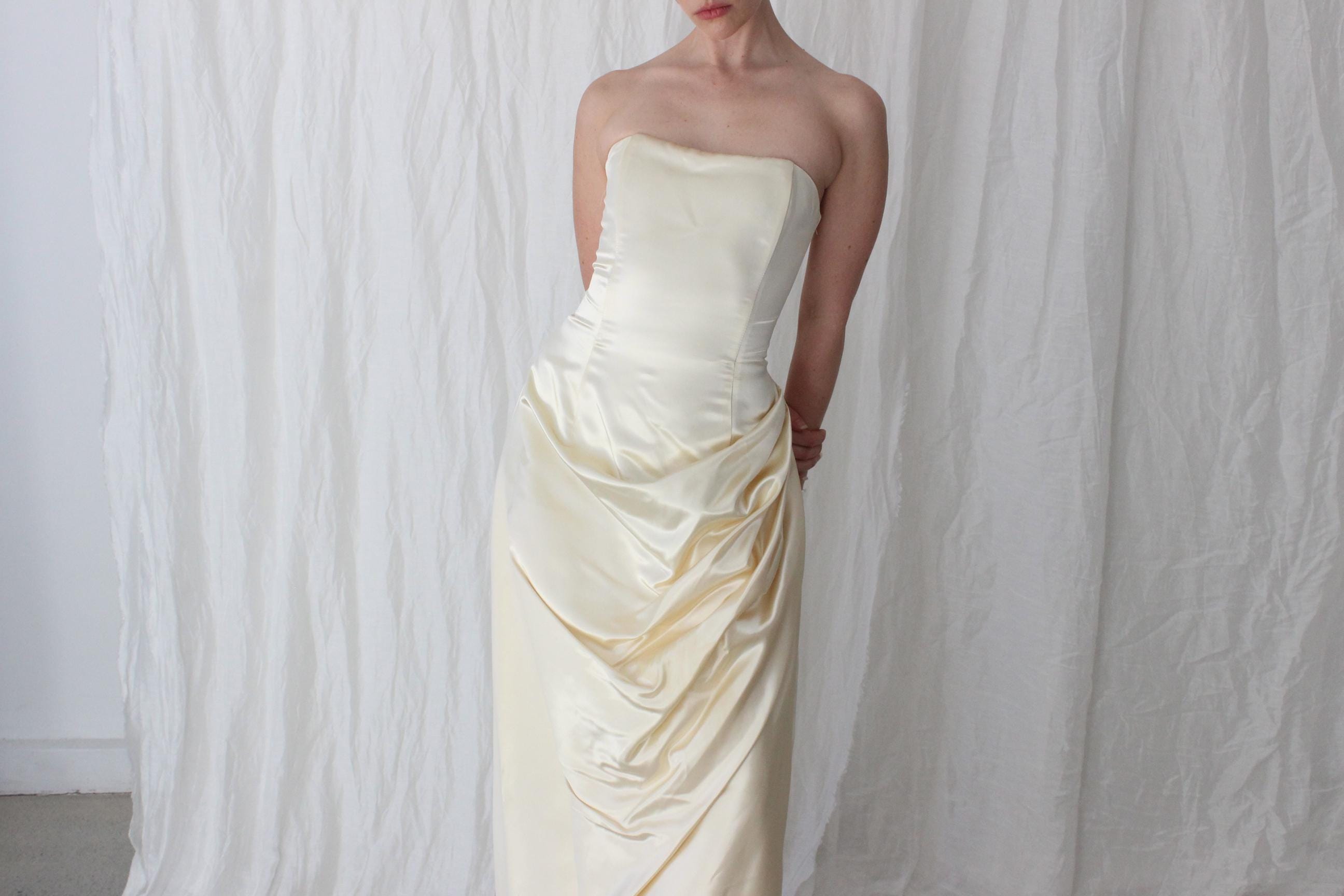 90s Butter Satin Strapless Draped Corset Gown