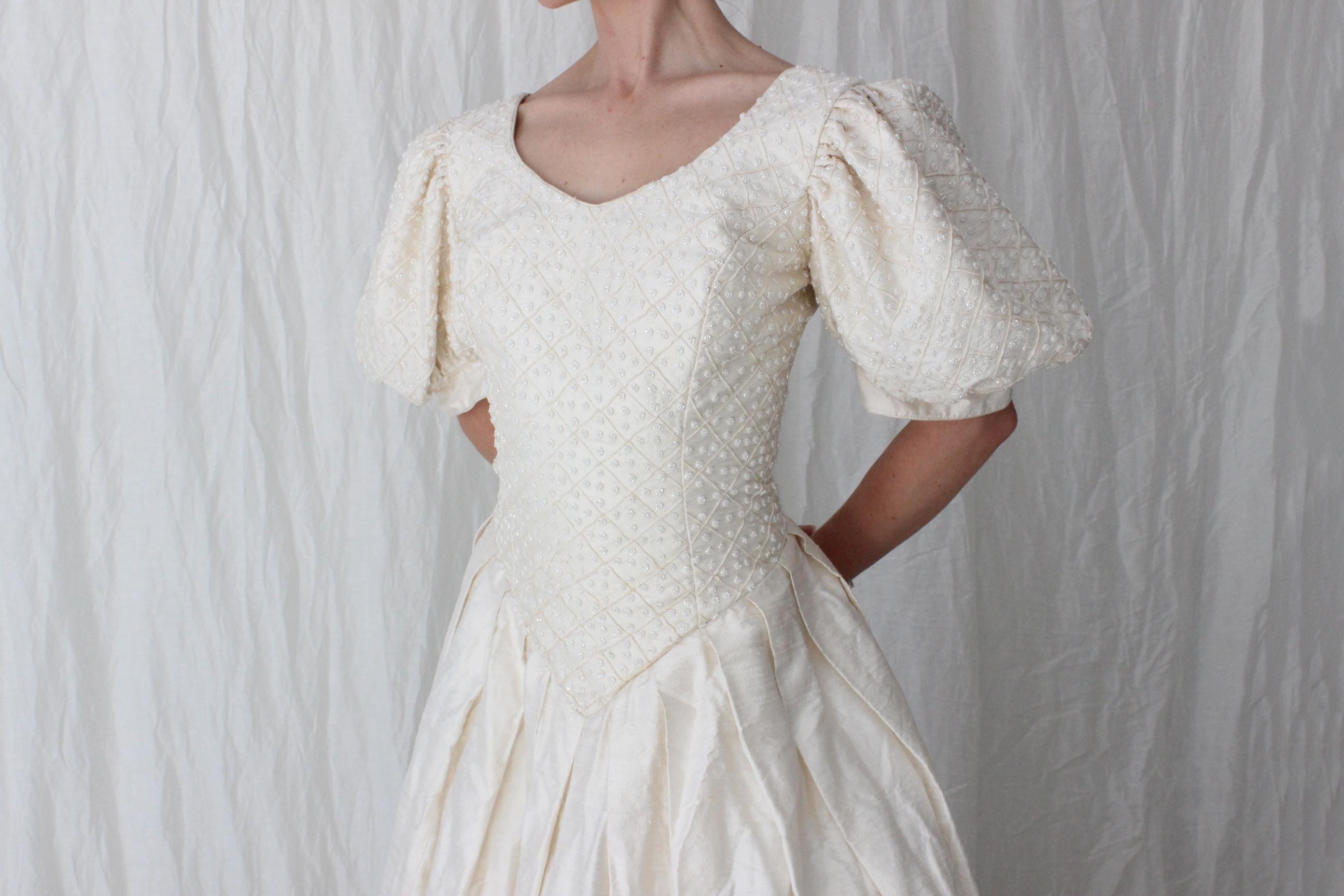 Glorious 80s Silk Dupion Puff Sleeve, Basque Waist Gown w/ Beaded Bodice