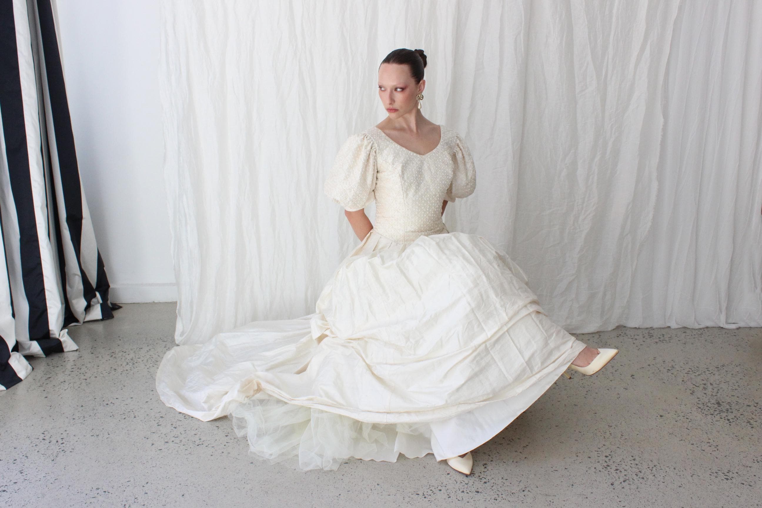 Glorious 80s Silk Dupion Puff Sleeve, Basque Waist Gown w/ Beaded Bodice
