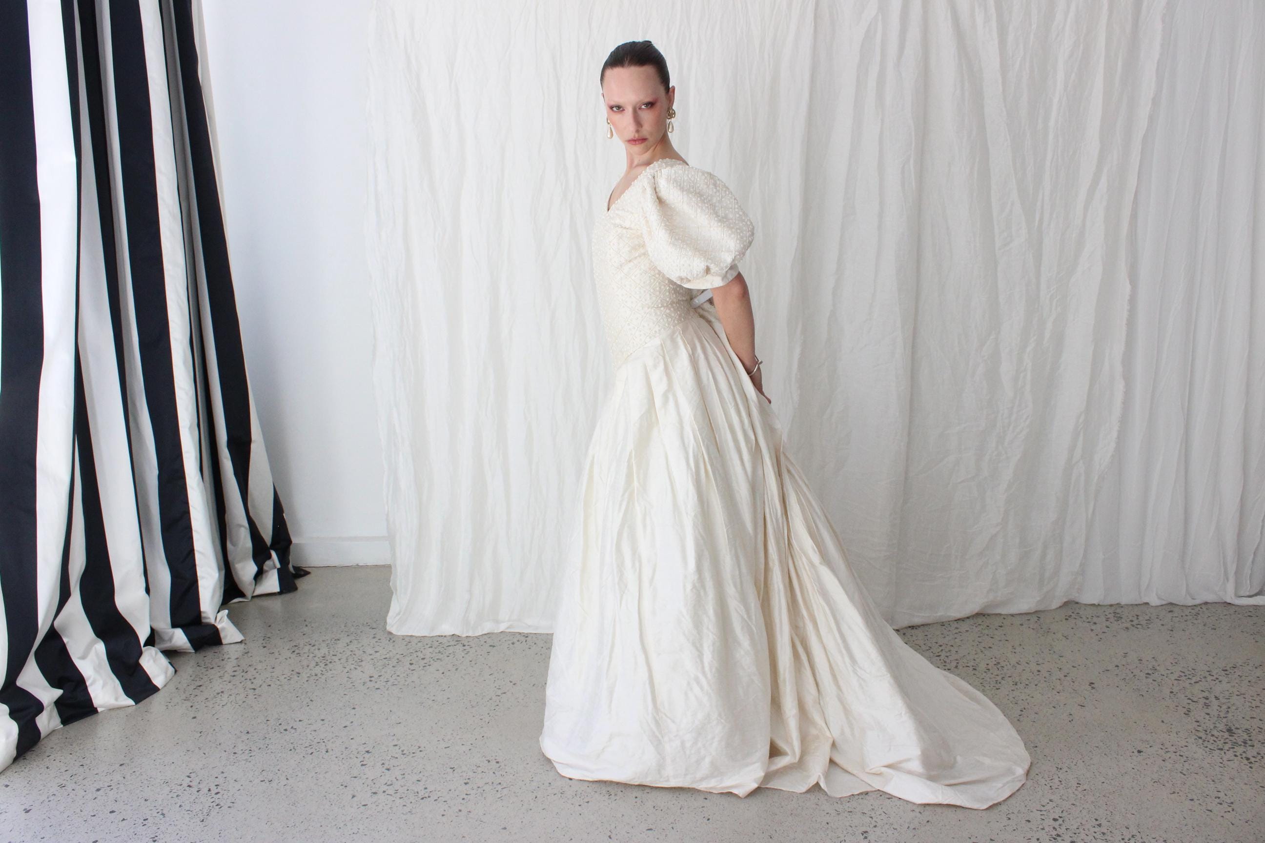 Glorious 80s Silk Dupion Puff Sleeve, Basque Waist Gown w/ Beaded Bodice