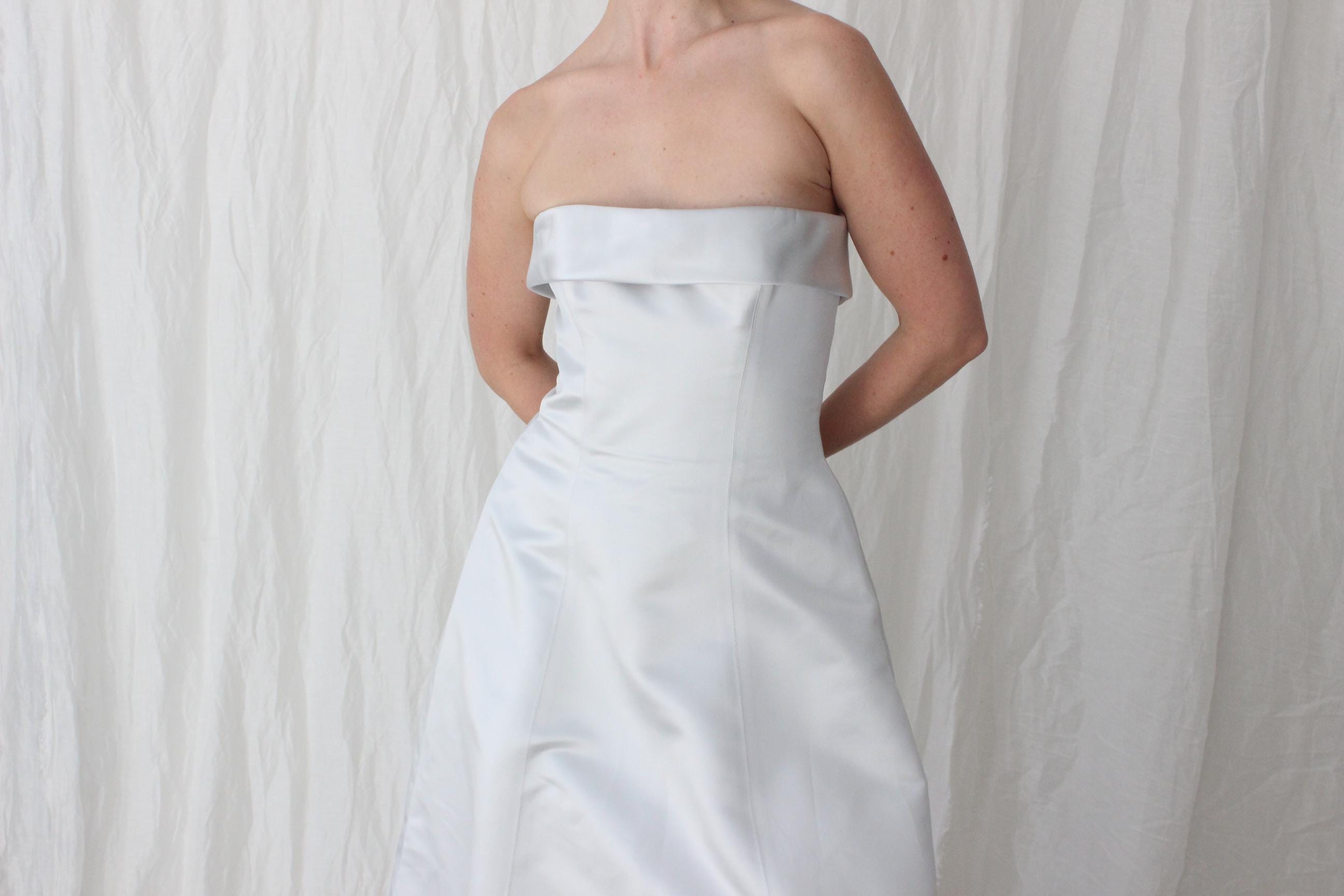 90s Ice Blue Duchess Satin Strapless Gown by Matthew Eager