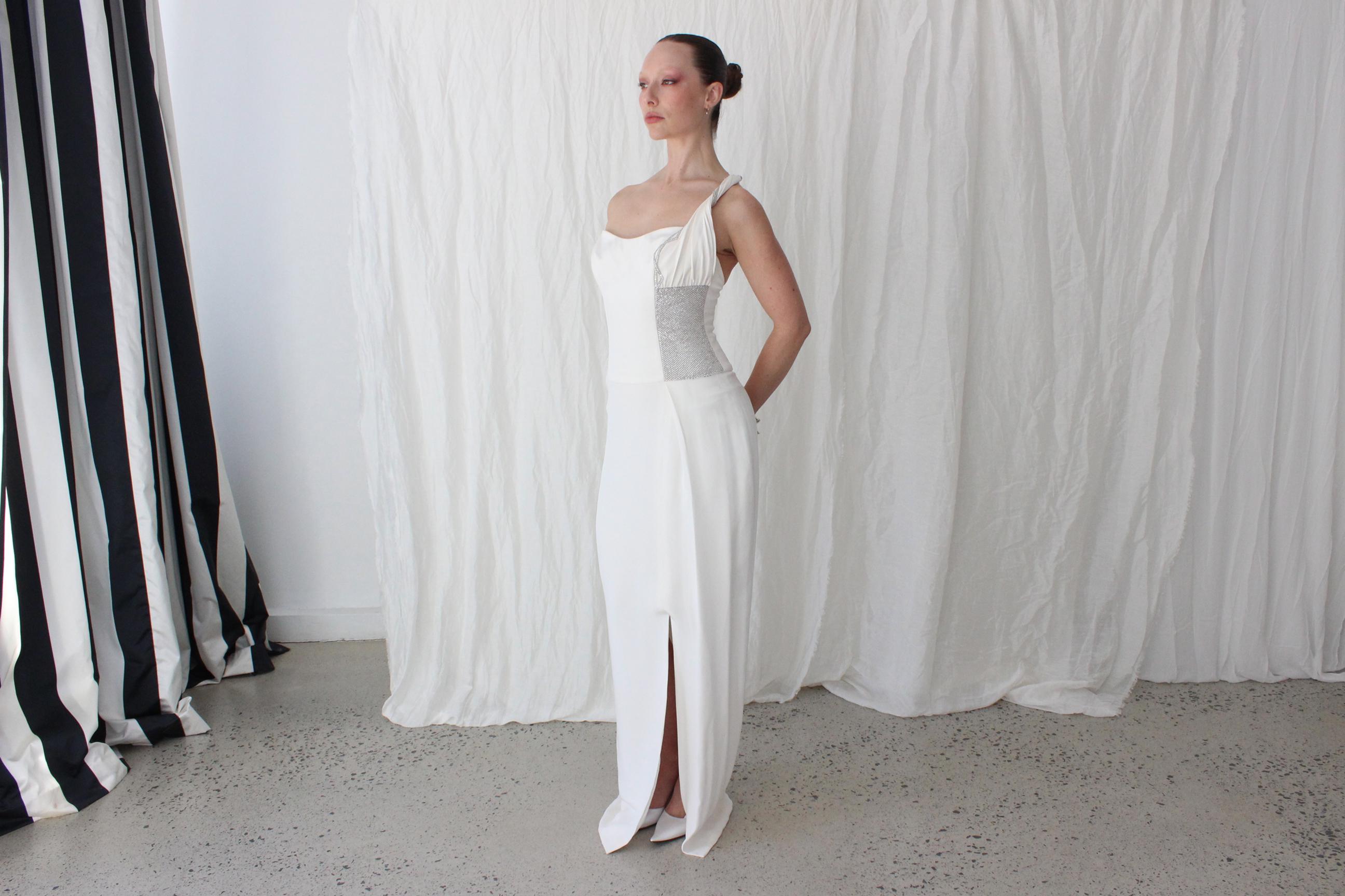 Y2K Silk & Rhinestone One Shoulder Column Gown