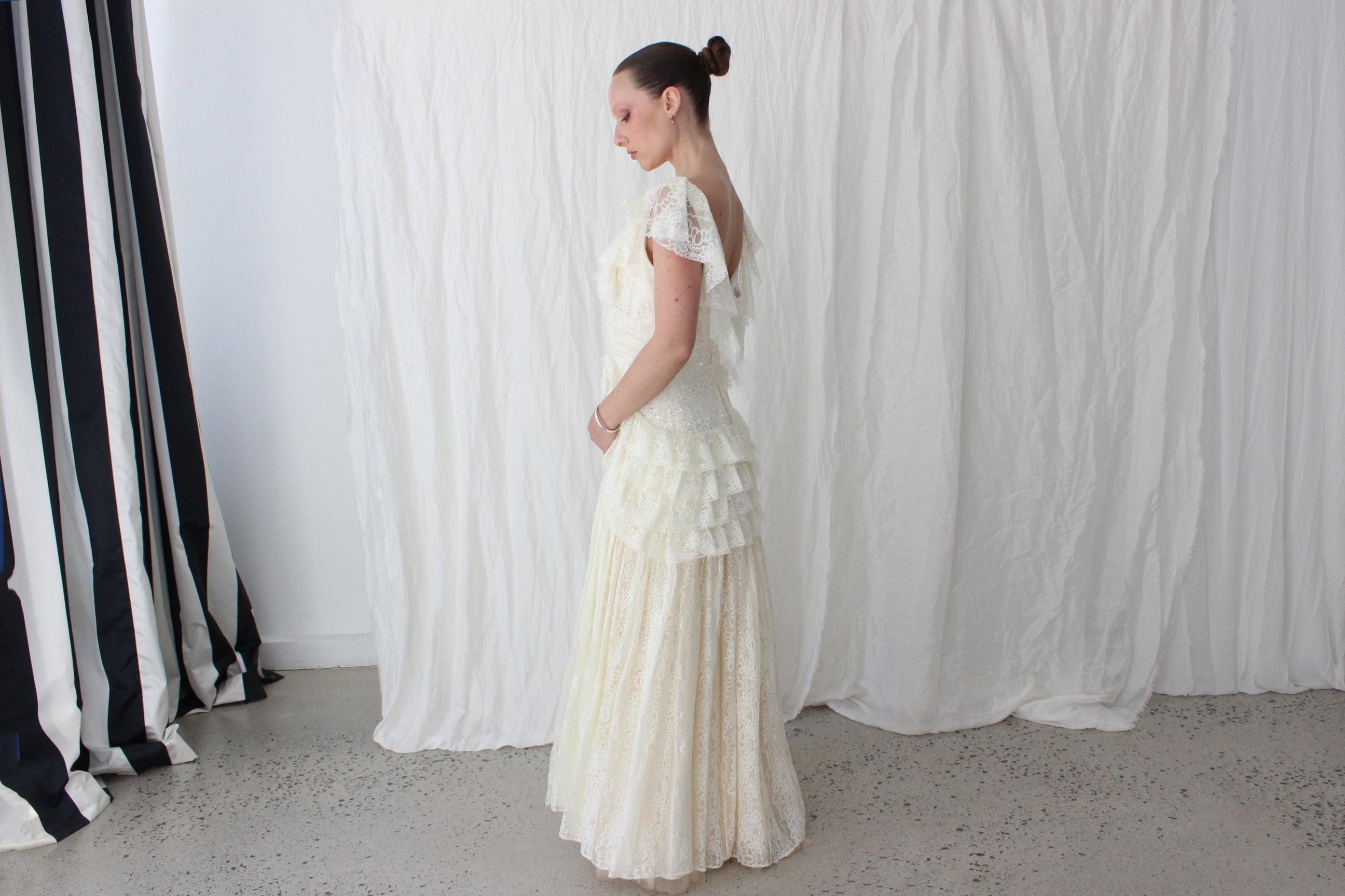 90s Cream Lace Drop Waist & Ruffle Wedding Dress w/ Low Back