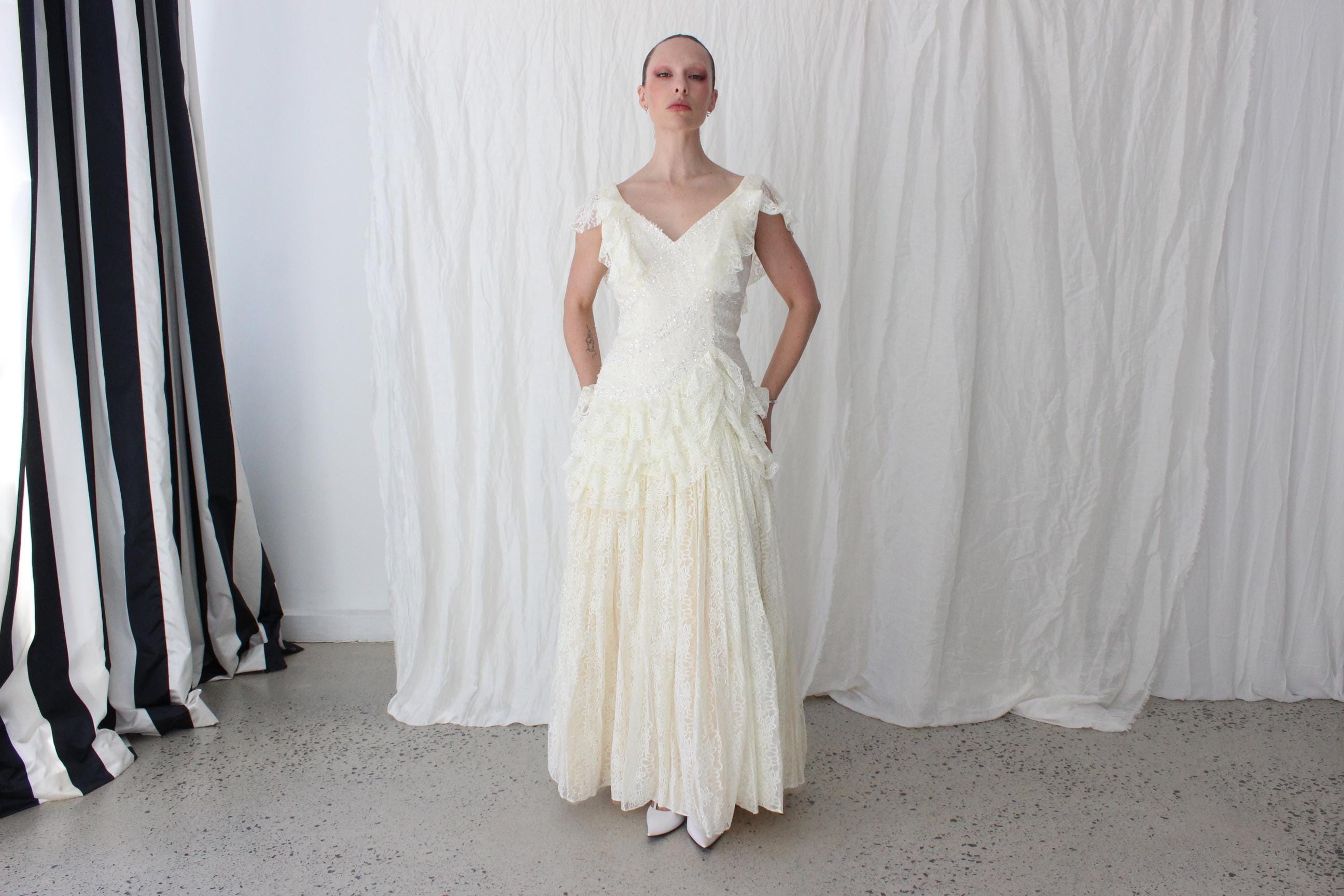 90s Cream Lace Drop Waist & Ruffle Wedding Dress w/ Low Back