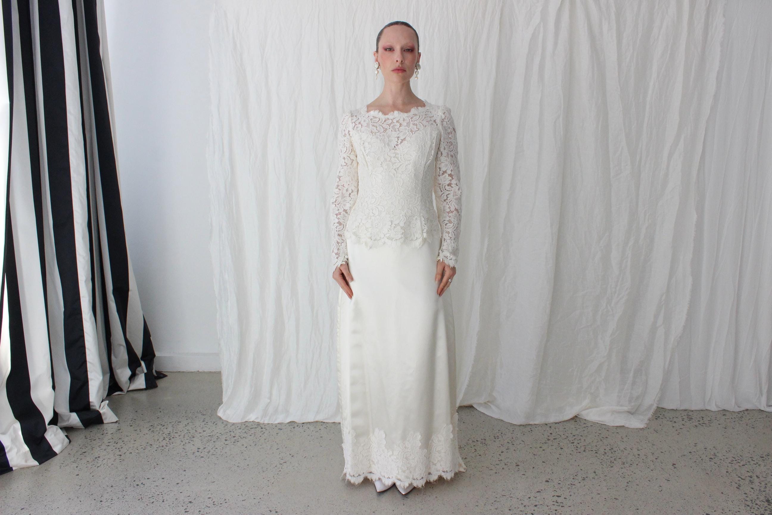 Handmade 80s Scalloped Lace & Satin Long Sleeve Gown
