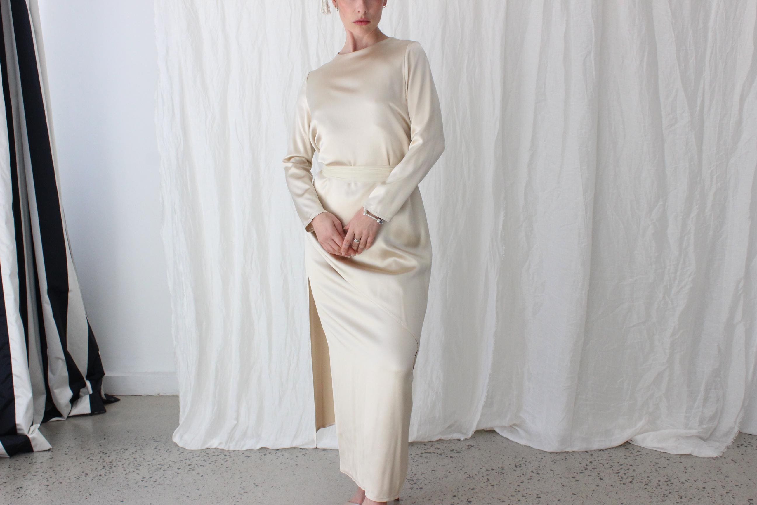 Abstract 80s Silk Satin Double Layer Sheath Gown