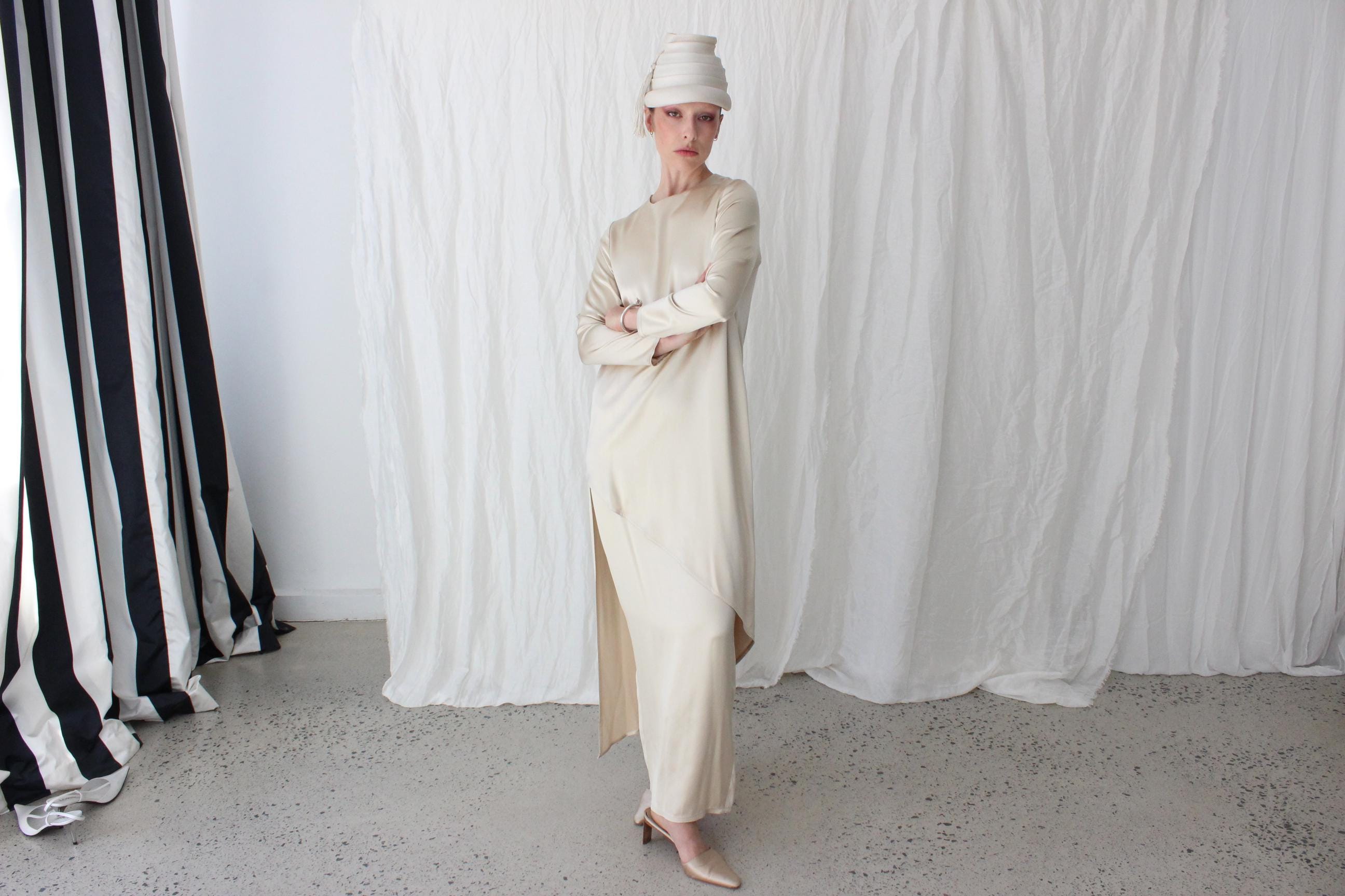 Abstract 80s Silk Satin Double Layer Sheath Gown