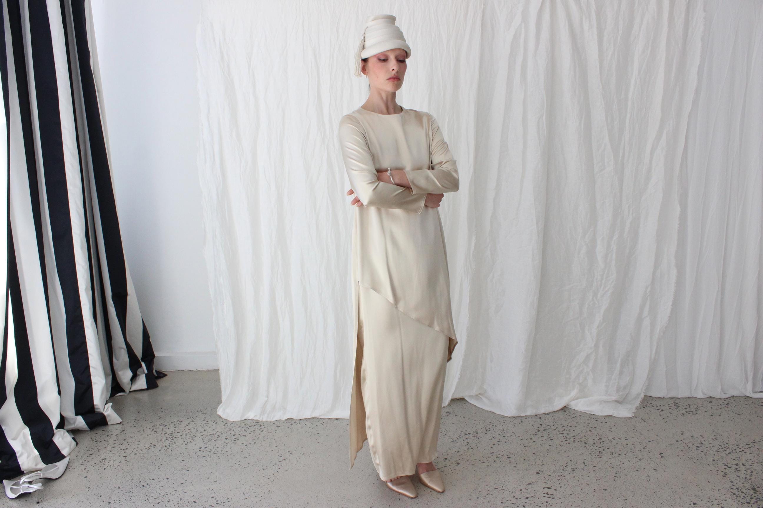 Abstract 80s Silk Satin Double Layer Sheath Gown