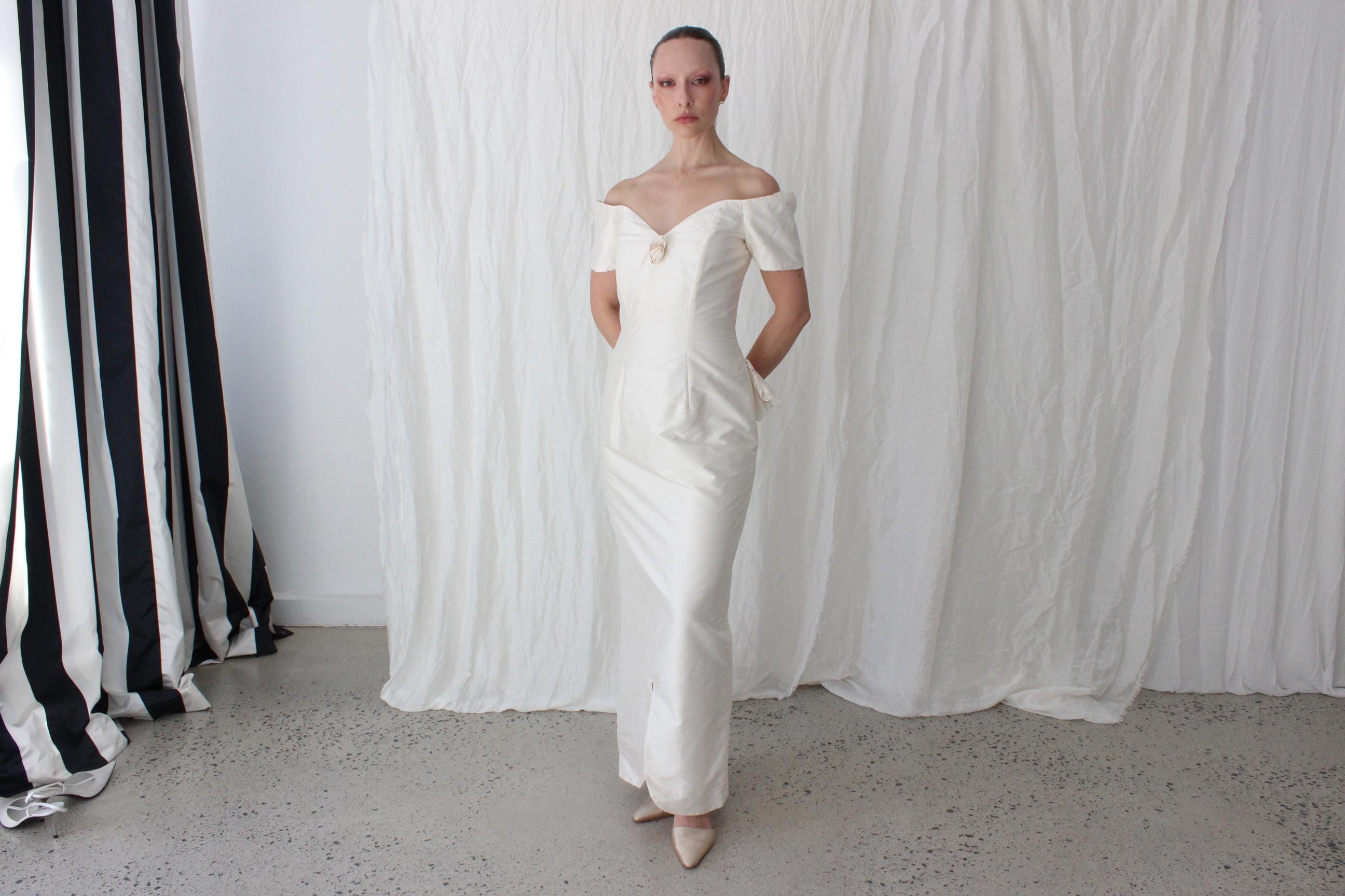 80s Silk Dupion Off Shoulder Column Gown w/ Rosettes