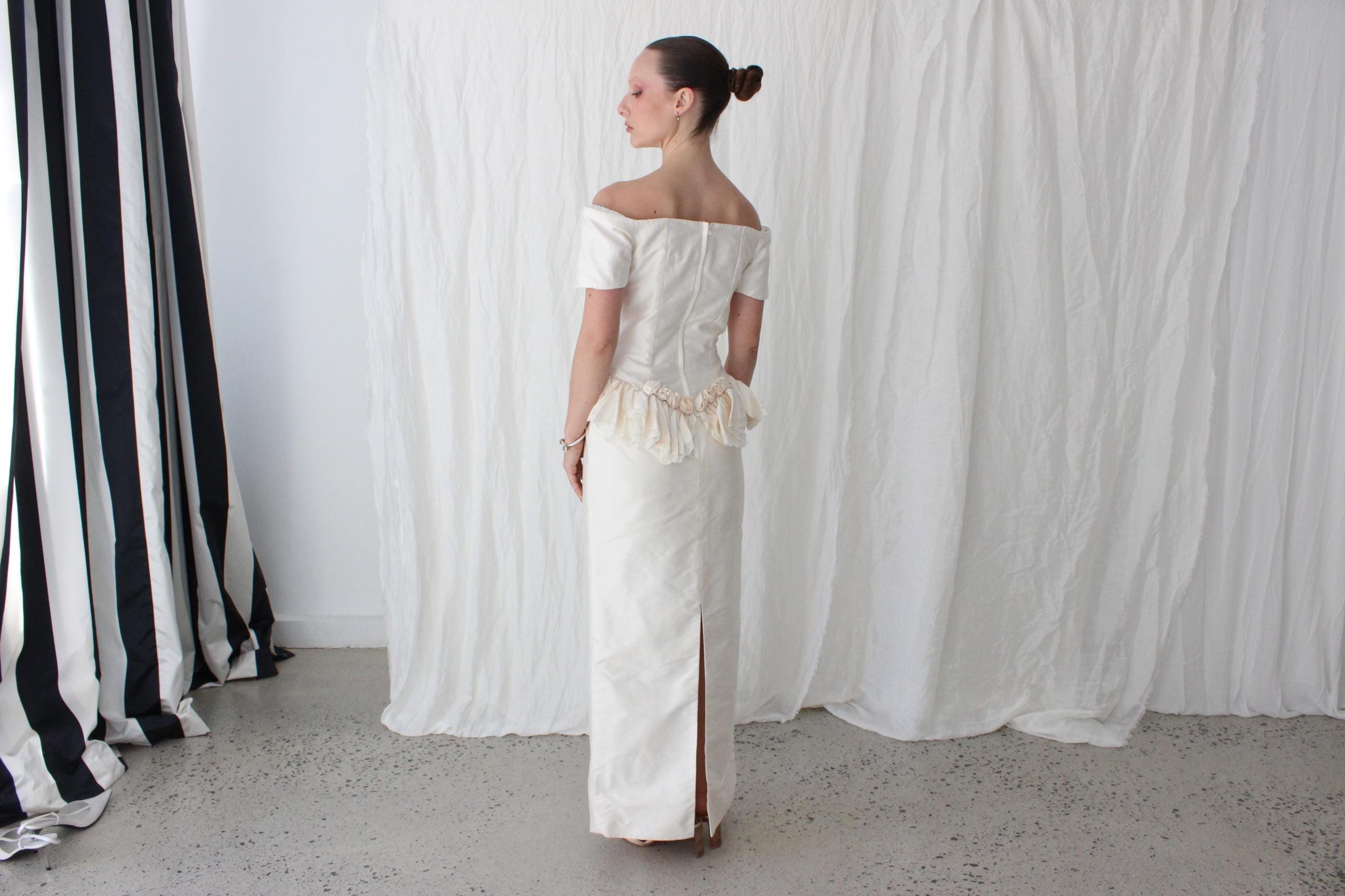 80s Silk Dupion Off Shoulder Column Gown w/ Rosettes